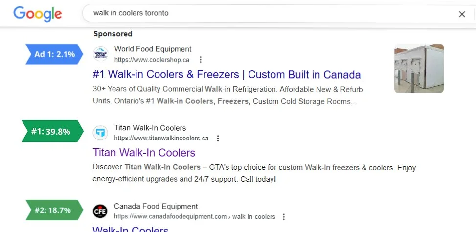 Google results for walk in coolers toronto with Titan in first position