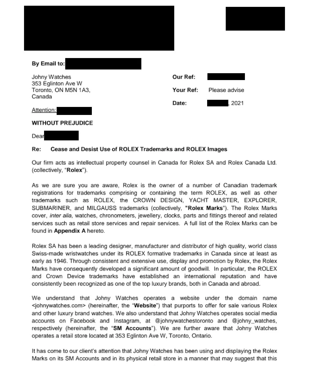Cease and desist letter received in 2021 after Johny Watches outranked authorized Rolex dealers, redacted