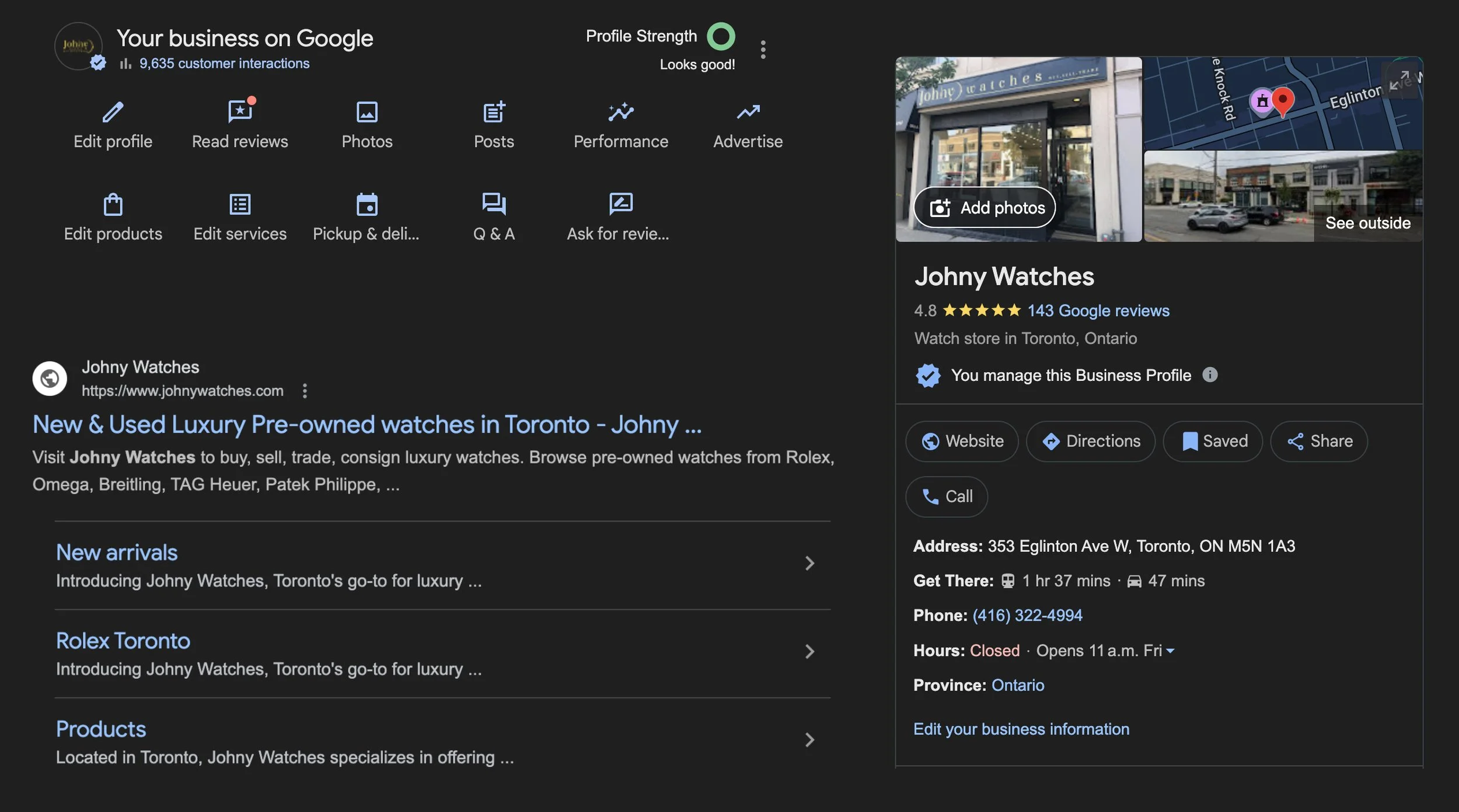 Google Business Profile dashboard example