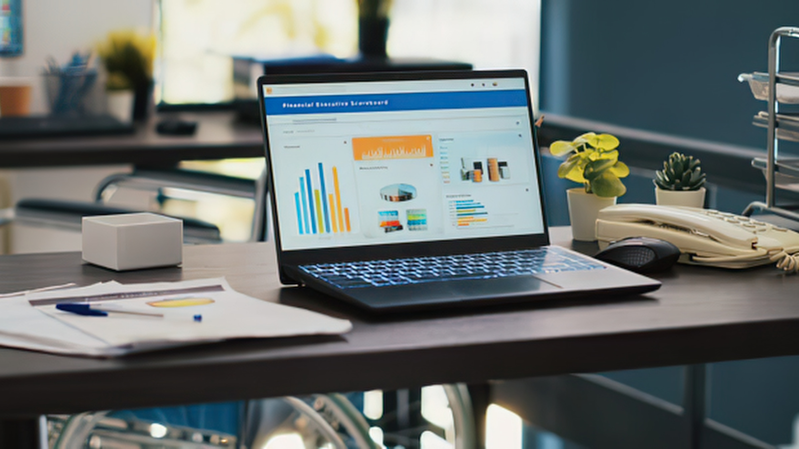 Laptop showing a simple marketing dashboard next to a notebook and coffee