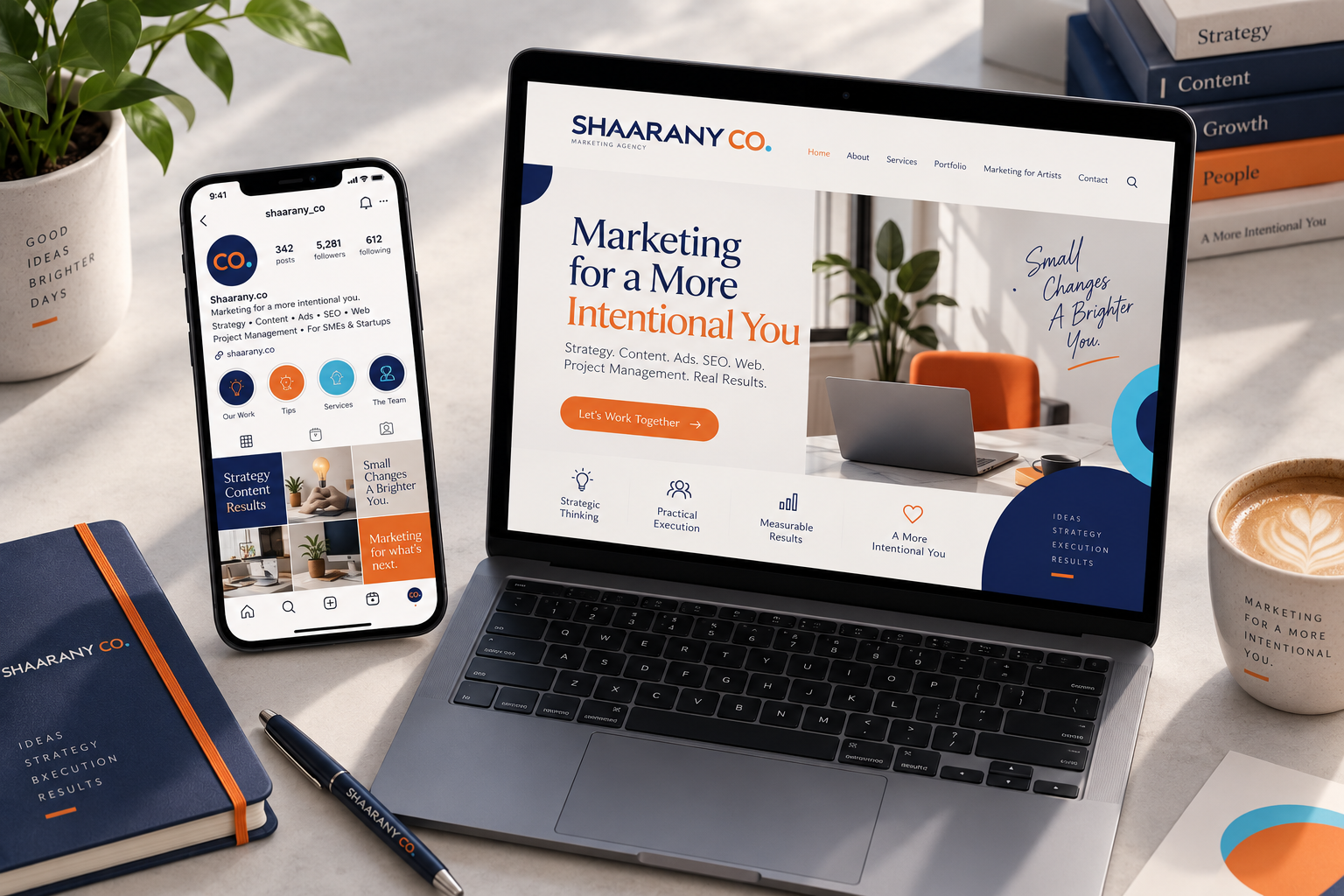 Phone and laptop side by side showing a brand's social feed and website