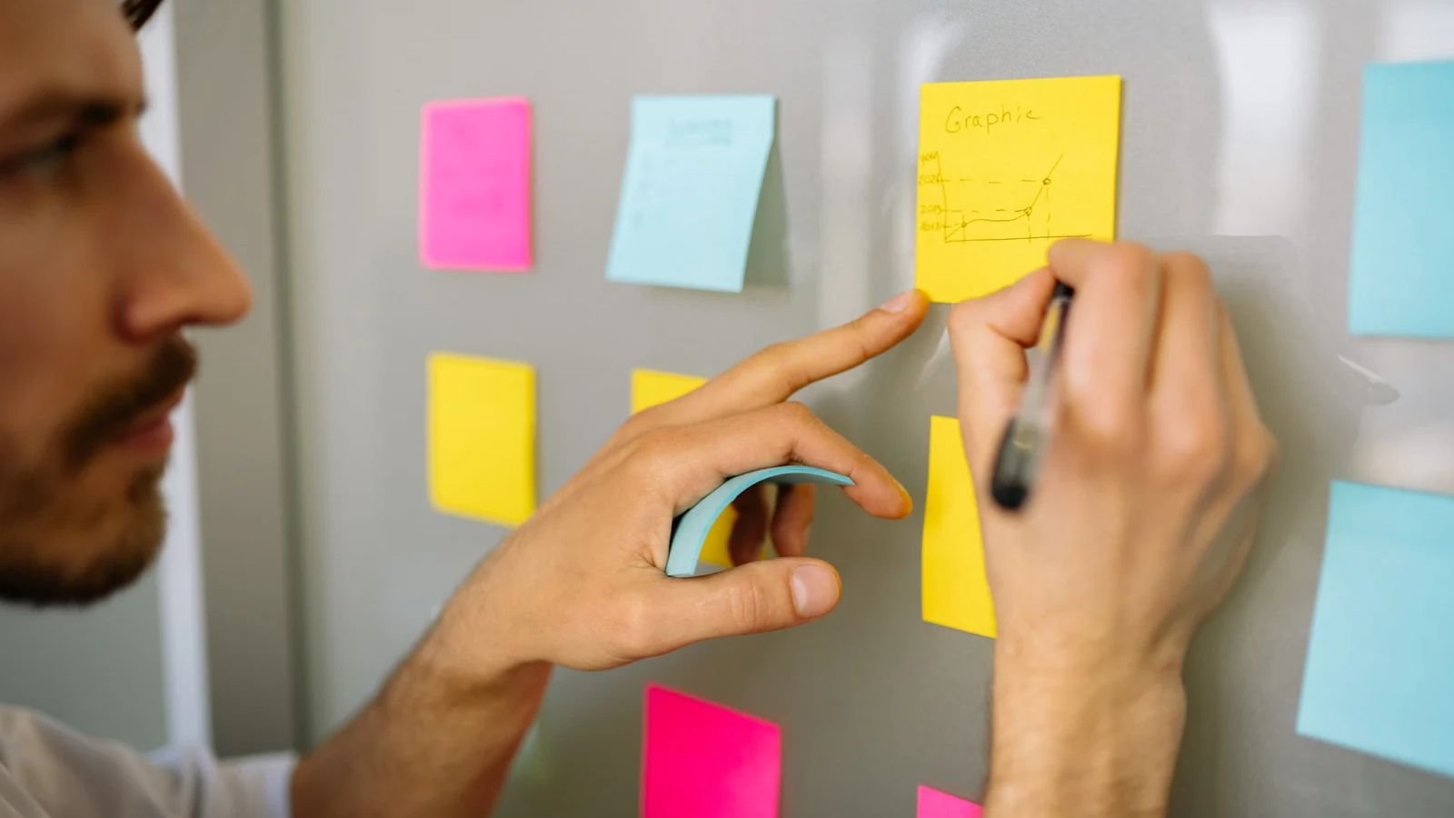 Sticky notes sorted into three columns on a wall during a planning session