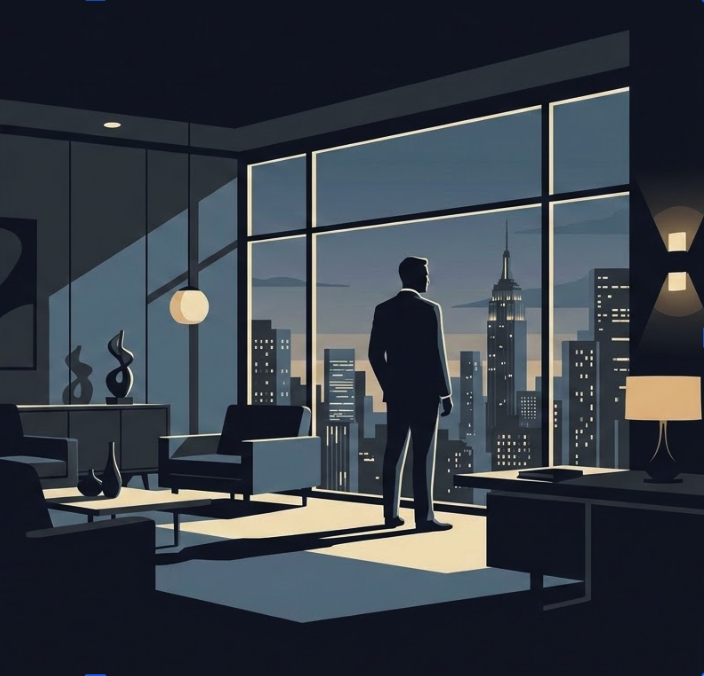 Stylised illustration of an executive in a penthouse office at night, city skyline through the windows, representing corporate treasury leadership.