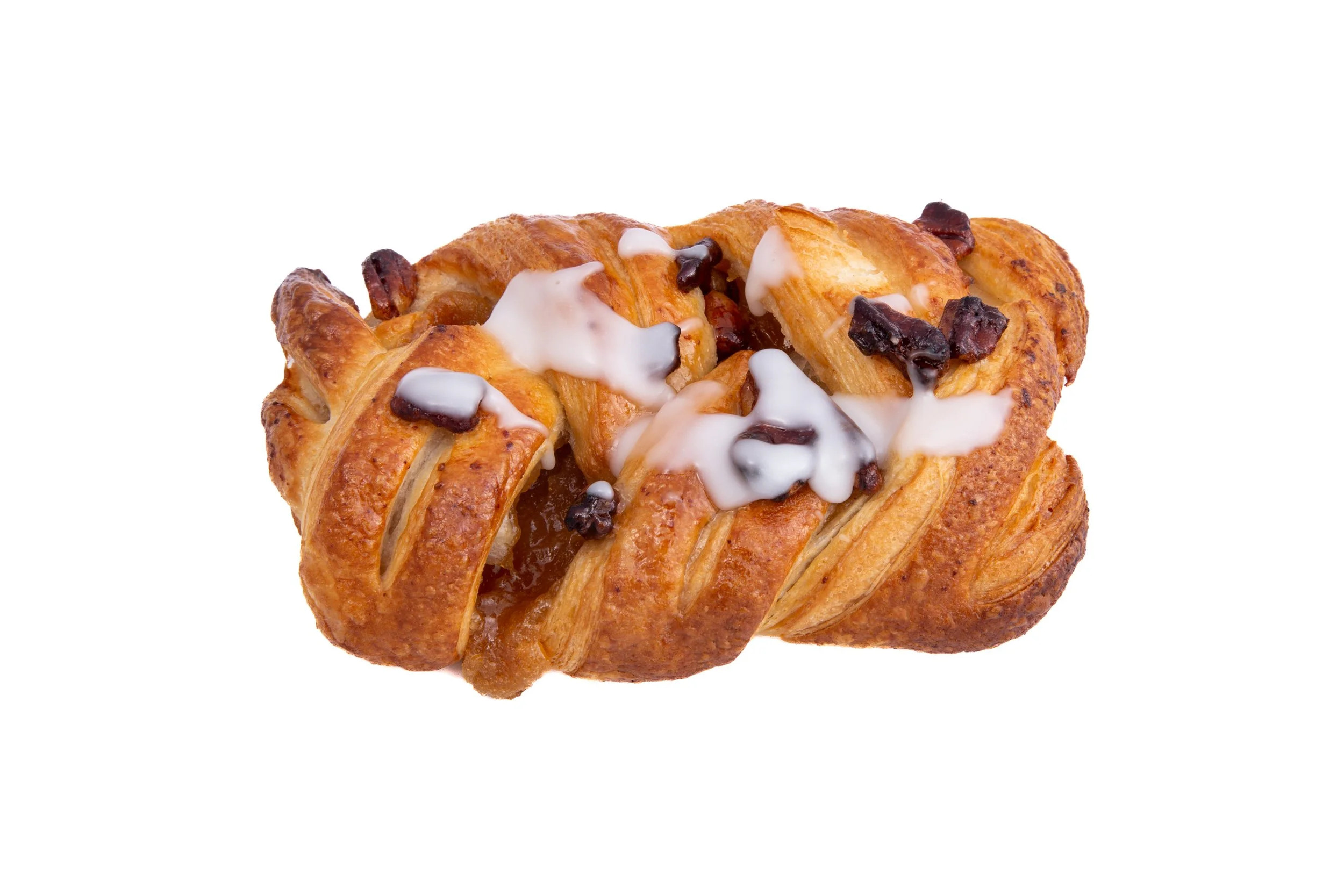 Food photography of a braided pastry with icing