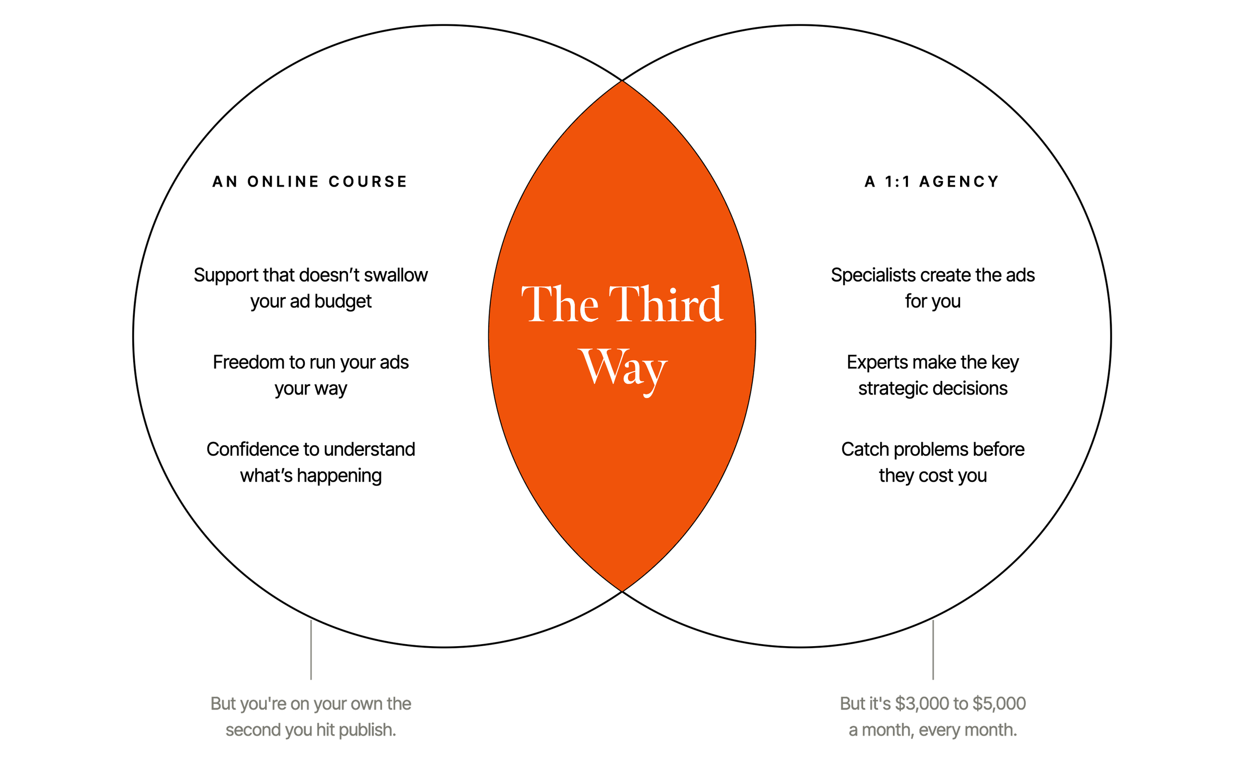Venn diagram: an online course is affordable and teaches you Meta ads, but you're on your own once you publish. A 1:1 agency brings specialists, strategy and weekly review, but costs $3,000–5,000 a month. The third way sits in the overlap.