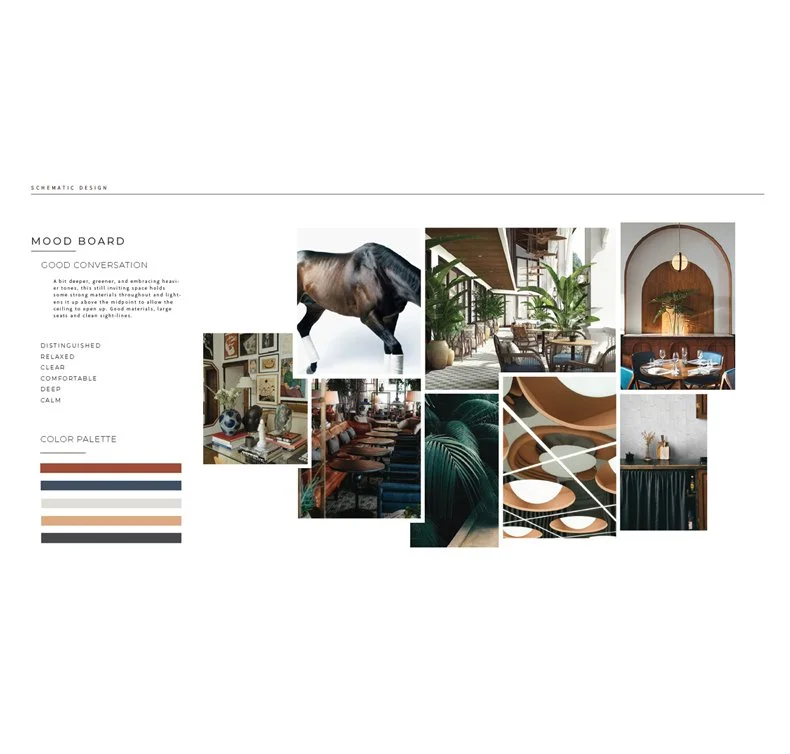 Concept mood board with color palette and material references for a multi-family interior