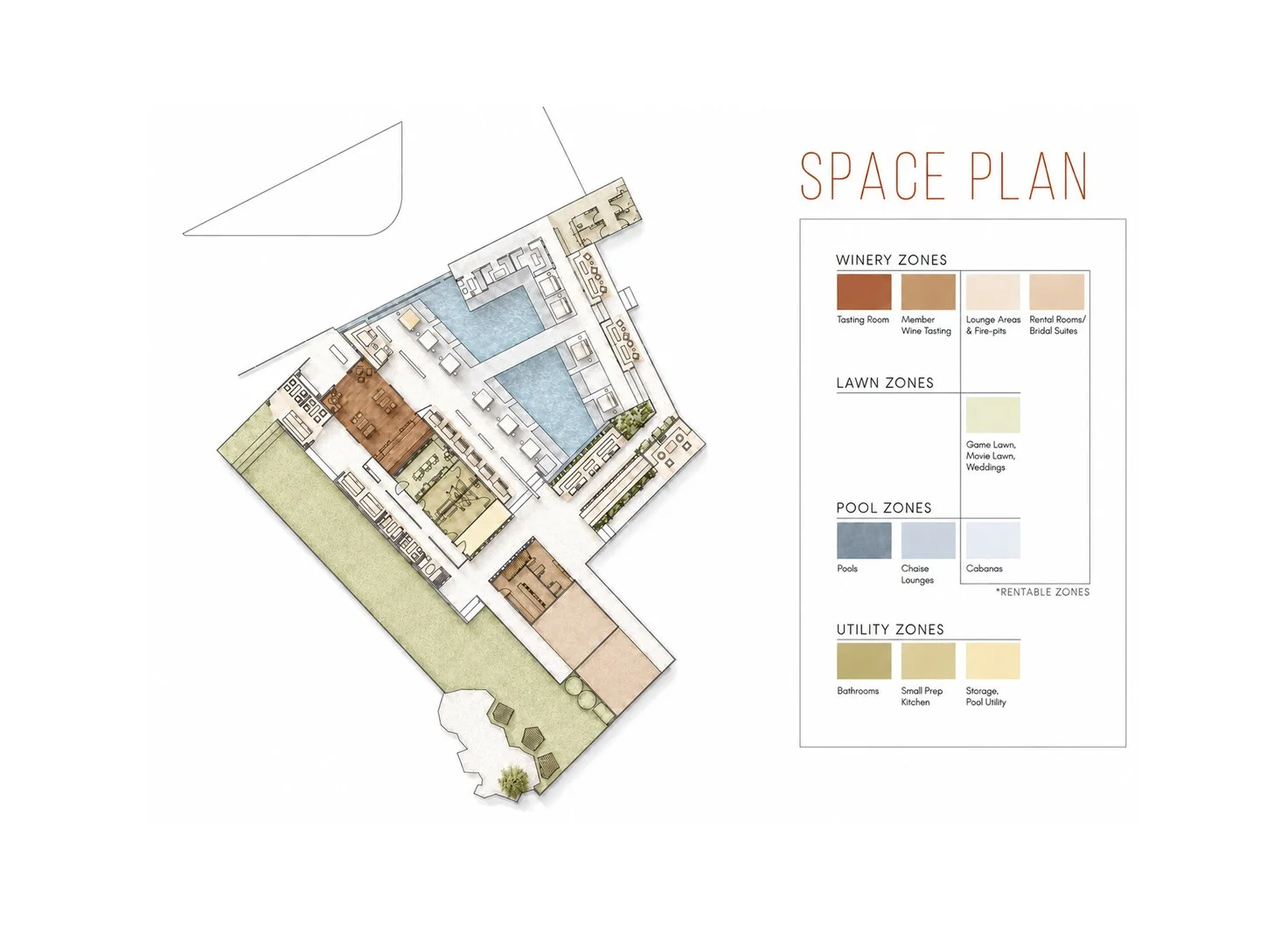 Color-coded zoning plan mapping program areas and adjacencies during pre-design
