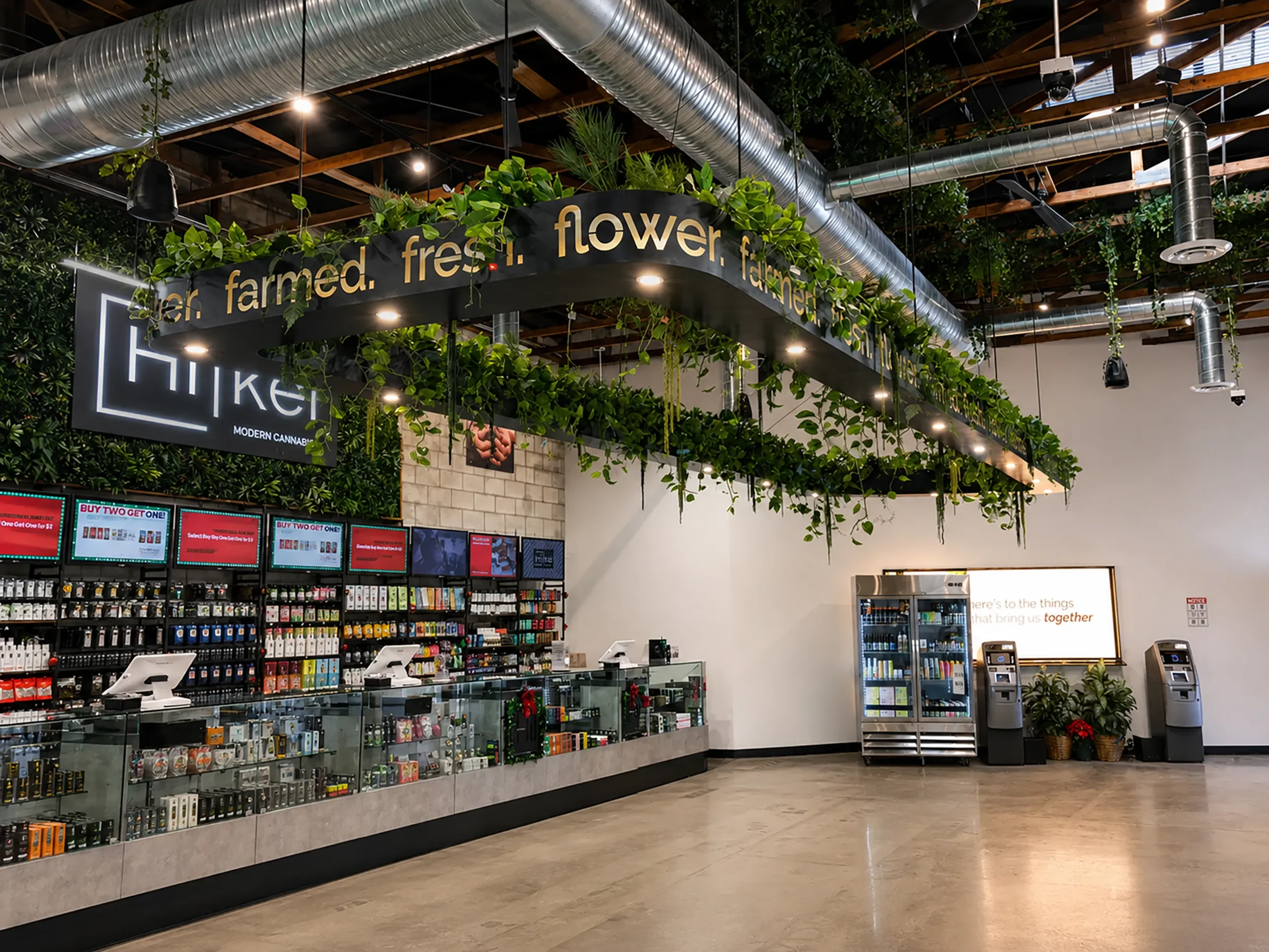 Illuminated signage and hanging greenery above the display cases at Hikei dispensary in San Diego