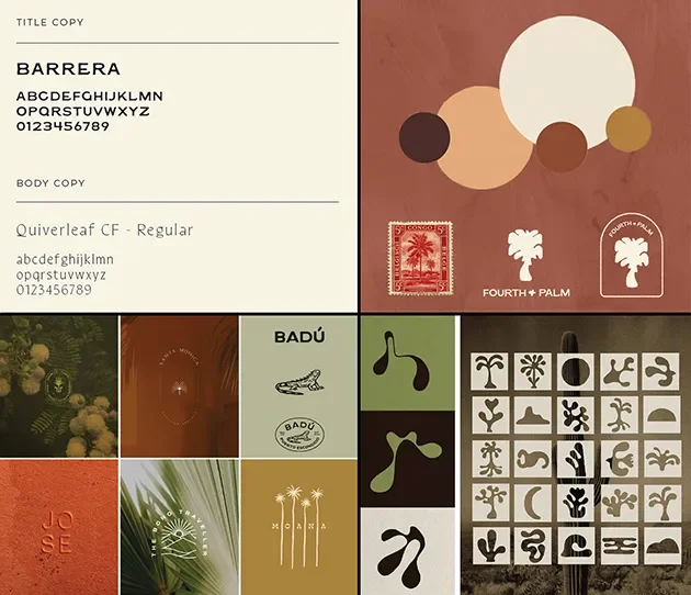 Brand board showing typography, color palette, logo lockups, icons and patterns.