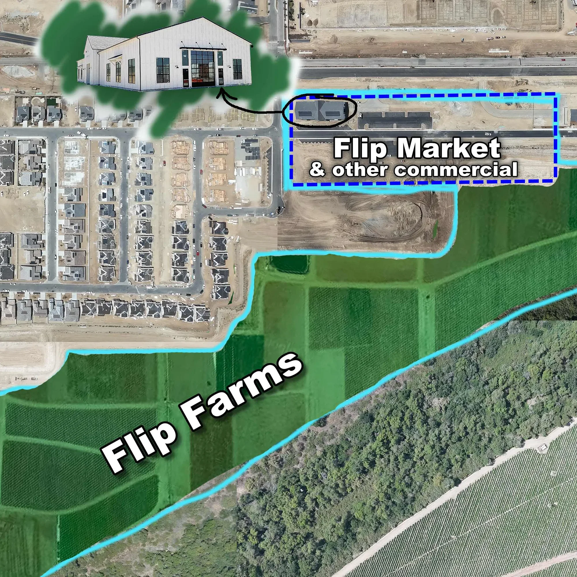Aerial site diagram for Flip Farms showing the farm parcels, adacent housing, and the Flip Market commercial zone