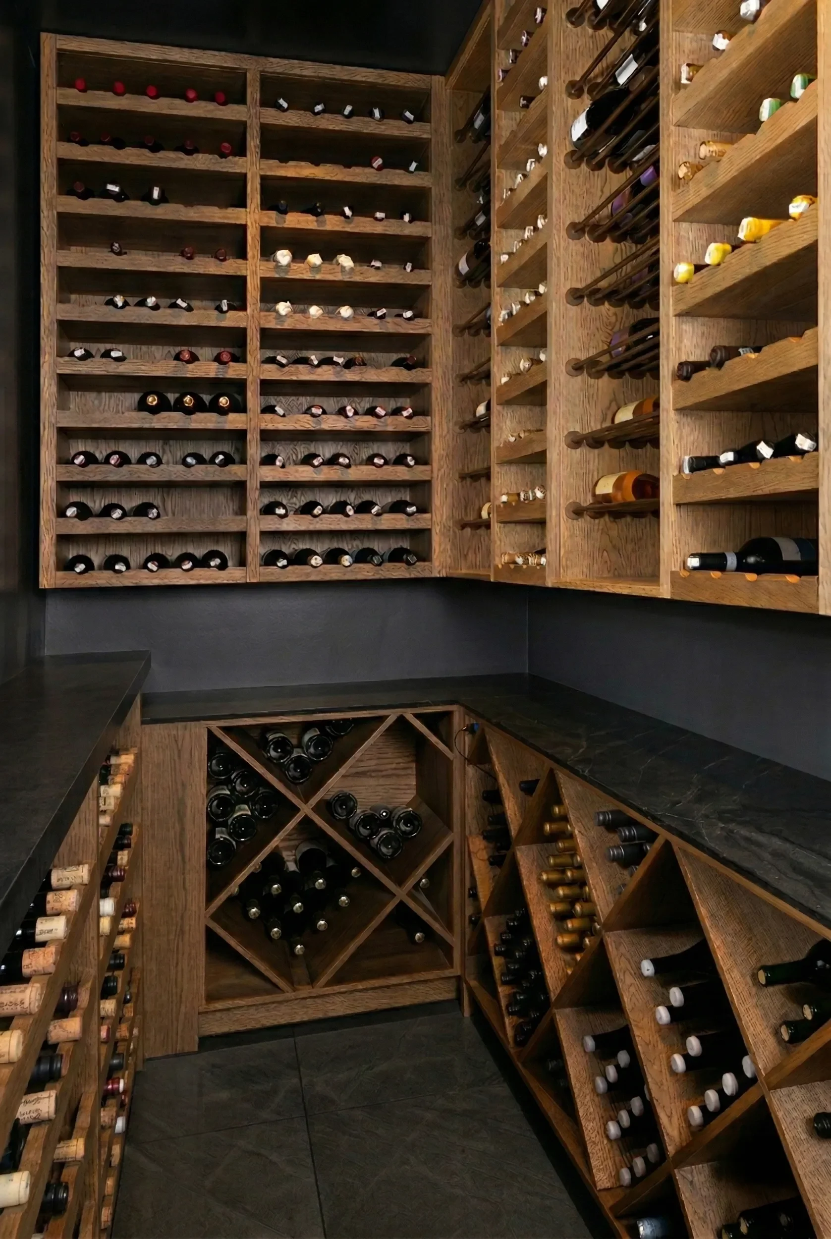 Custom oak wine storage millwork at Lucien in La Jolla