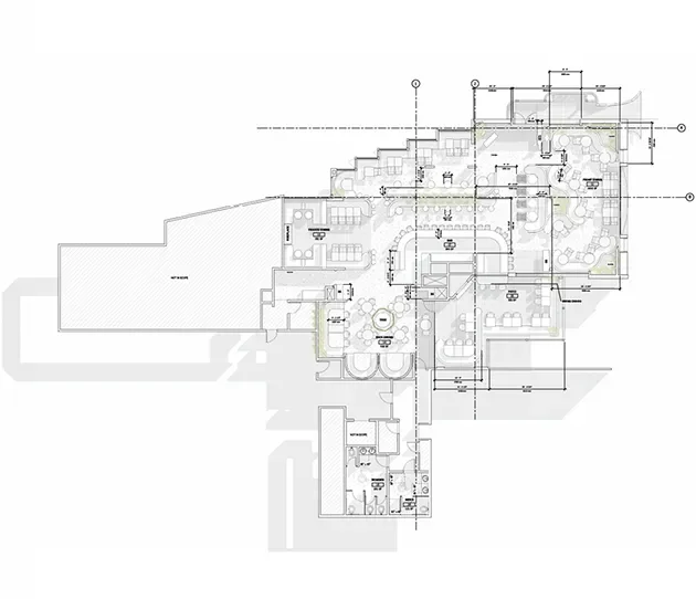 Dimensioned construction floor plan sheet for a hospitality project.