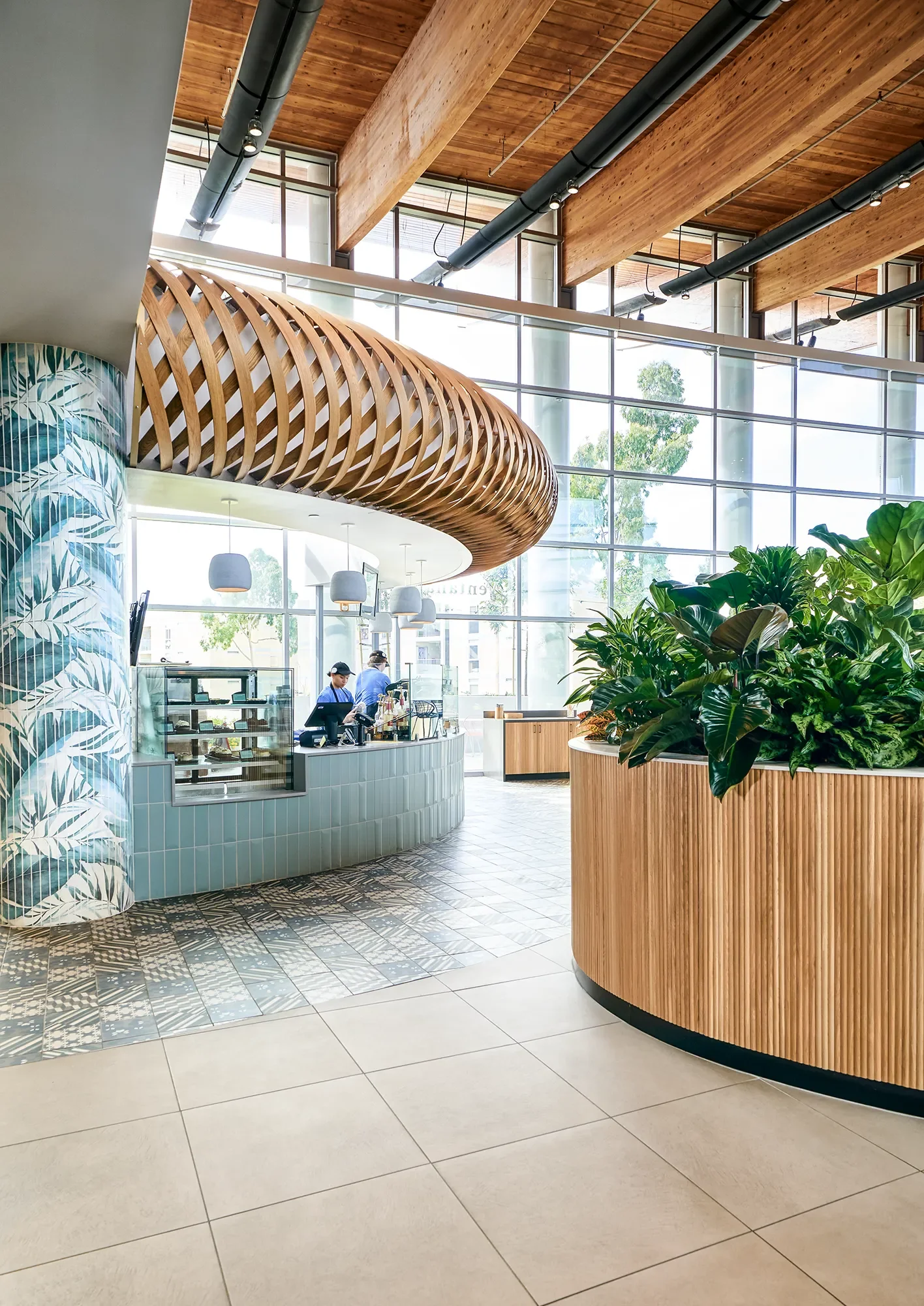 Woven steam bent wood canopy above the cafe counter at Ventanas in San Diego