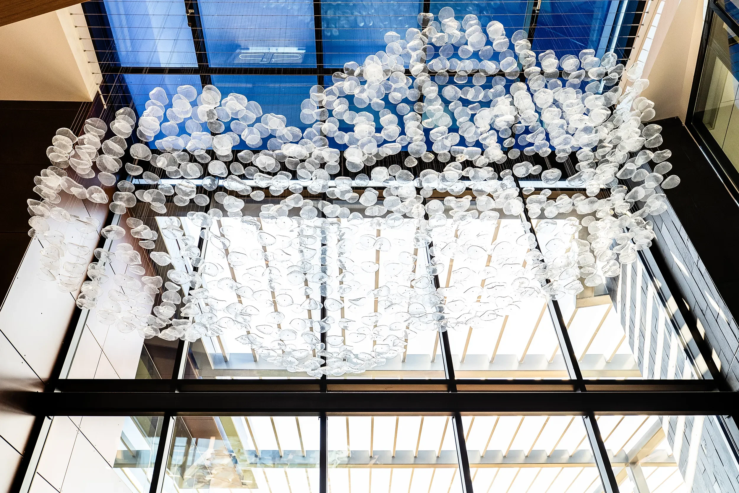 Cloudscape disc cluster seen from above, suspended below the large skylight of an office atrium