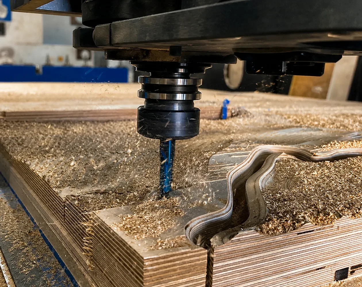 CNC router cutting a curved profile from a piece of wood at the Tecture shop.