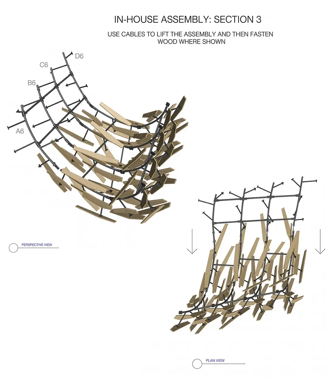 Shop drawing with perspective and plan views of the Migration sculpture section, wood slats on a steel frame 