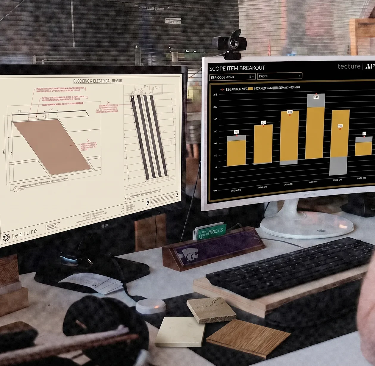 Cost estimation and drawing set open on a monitor during a feasibility review at Tecture in San Diego.