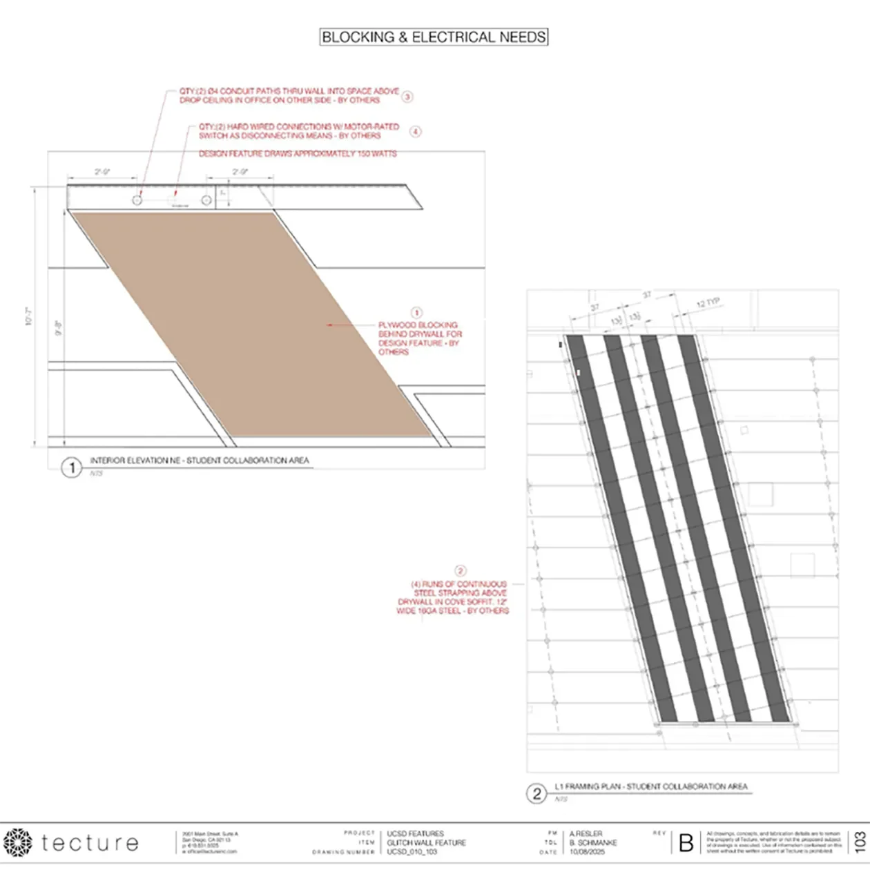 Shop drawing sheet detailig blocking and electrical rough in for a slat feature wall