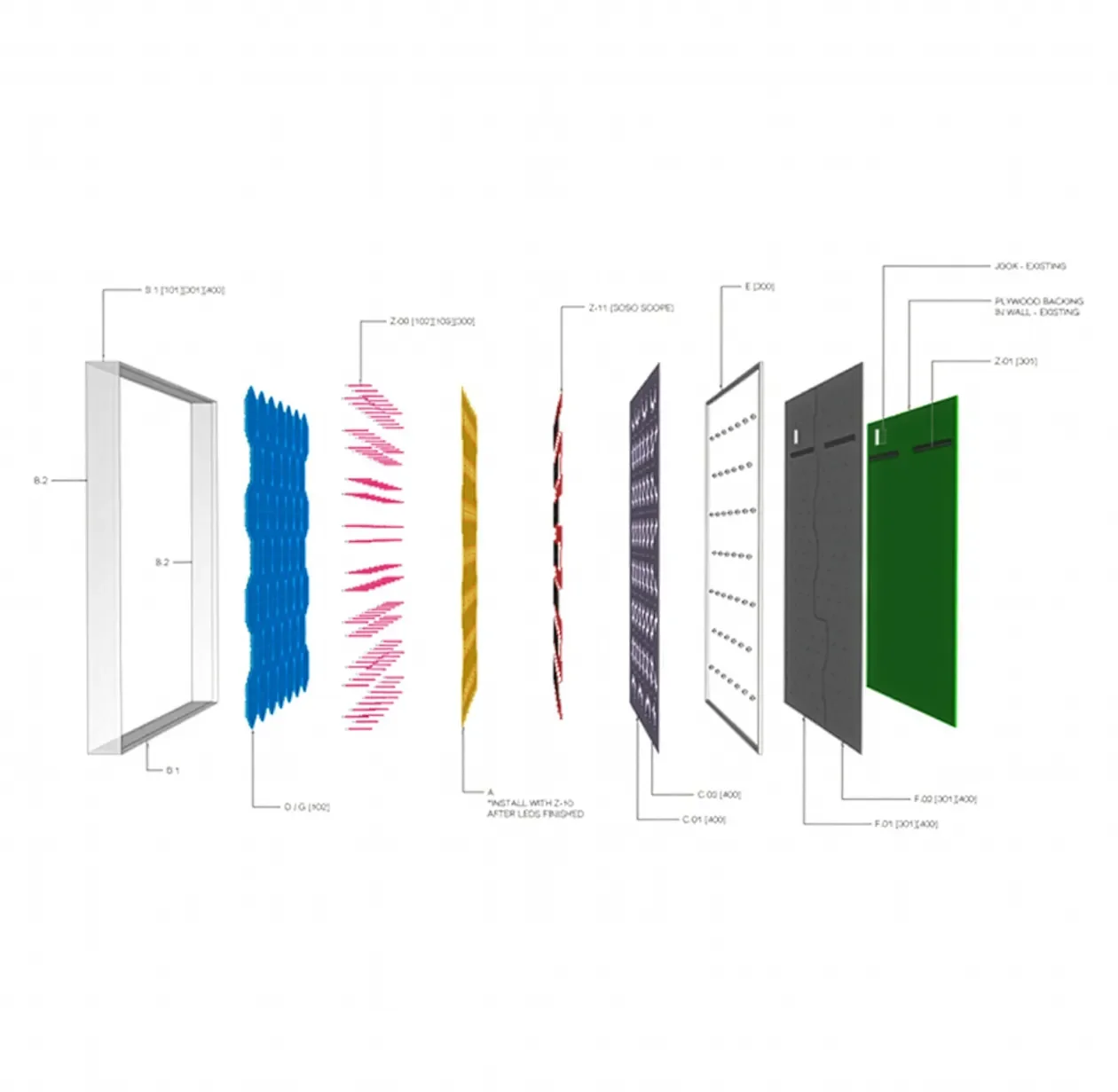 Exploded assembly drawing showing the layered panels of a fabricated feature by Tecture AF.