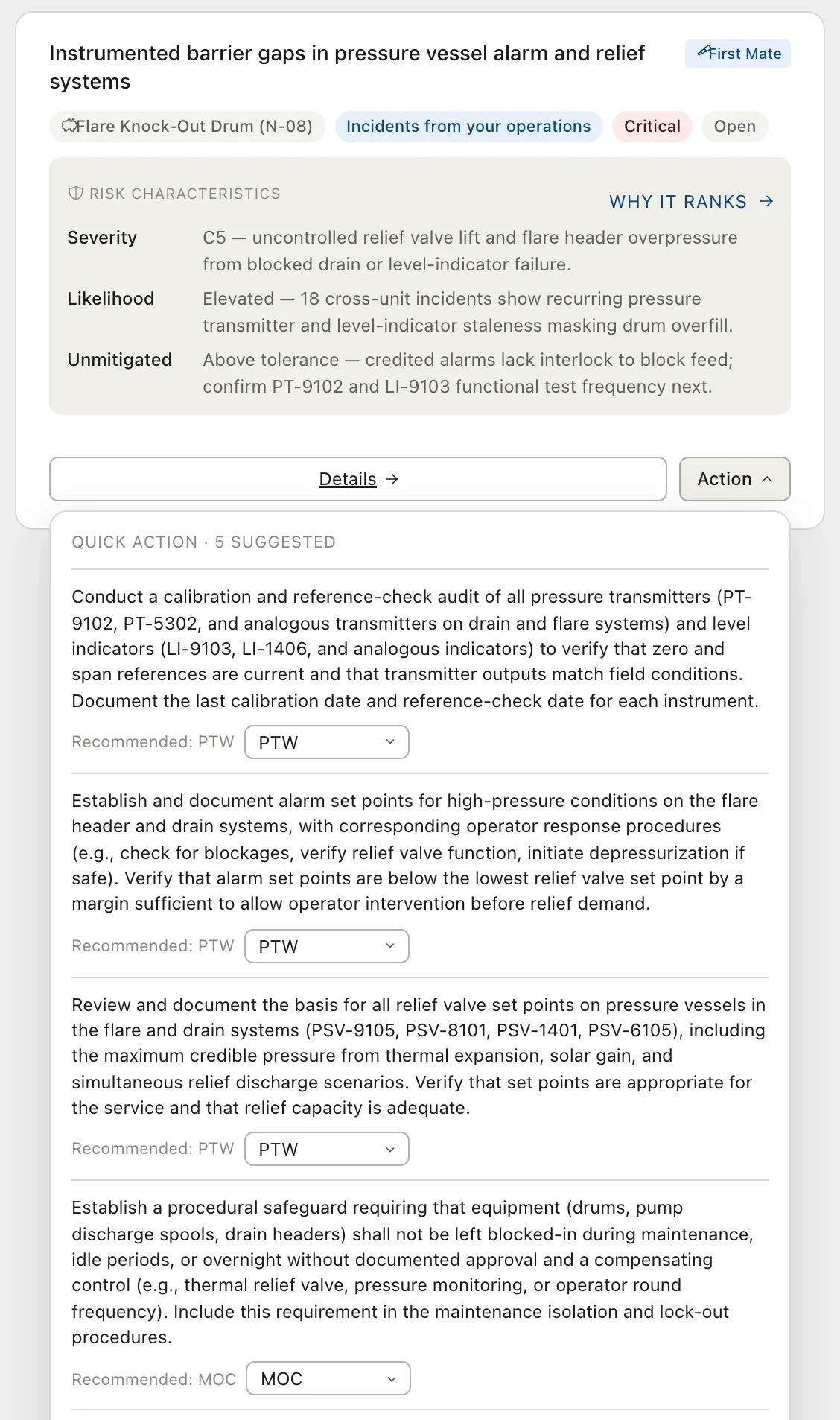 Quick-action menu on a risk-reduction opportunity, with suggested actions routed to a permit to work or a management of change