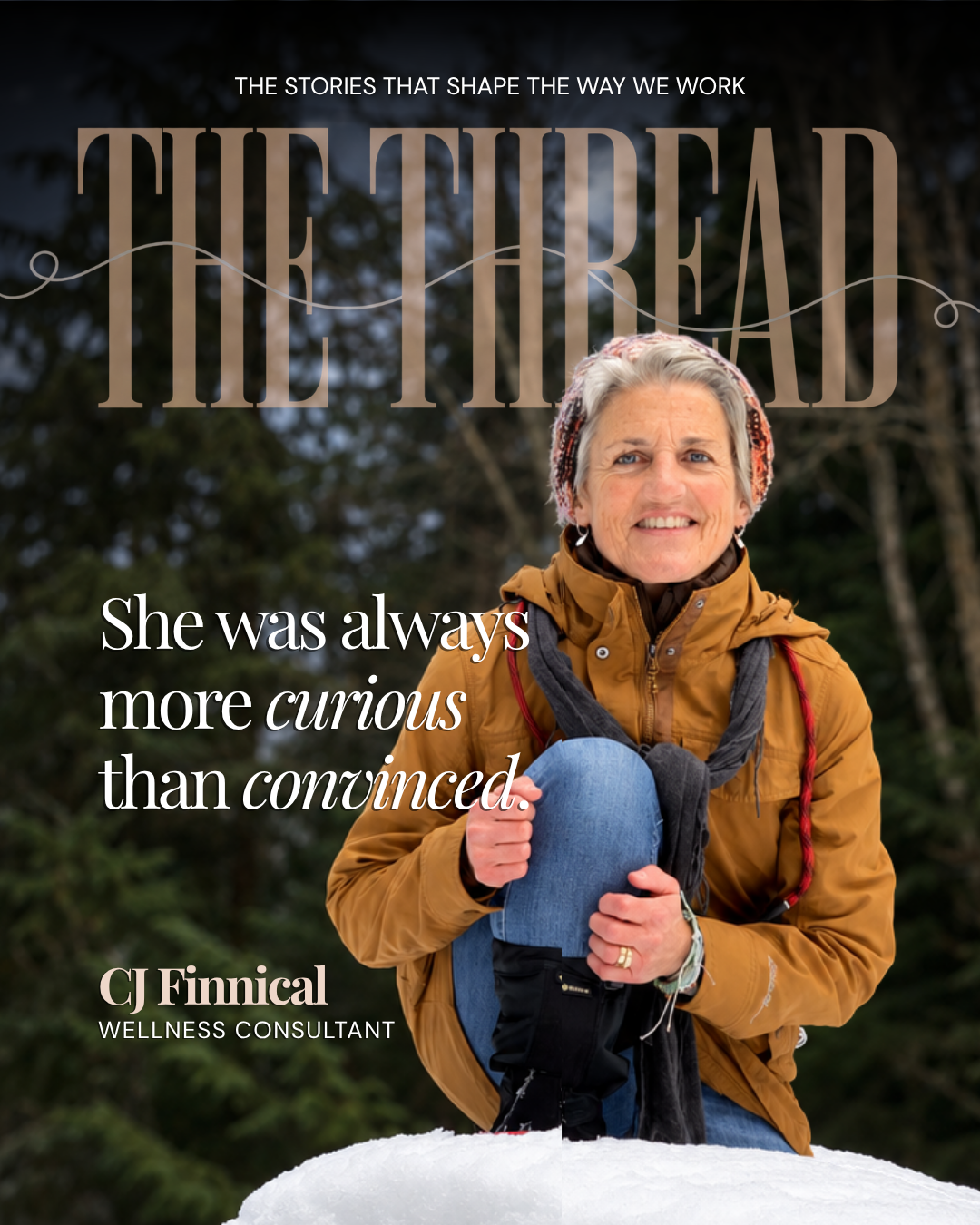 Wellness consultant CJ Finnical hiking a mountain trail near Whitefish, Montana