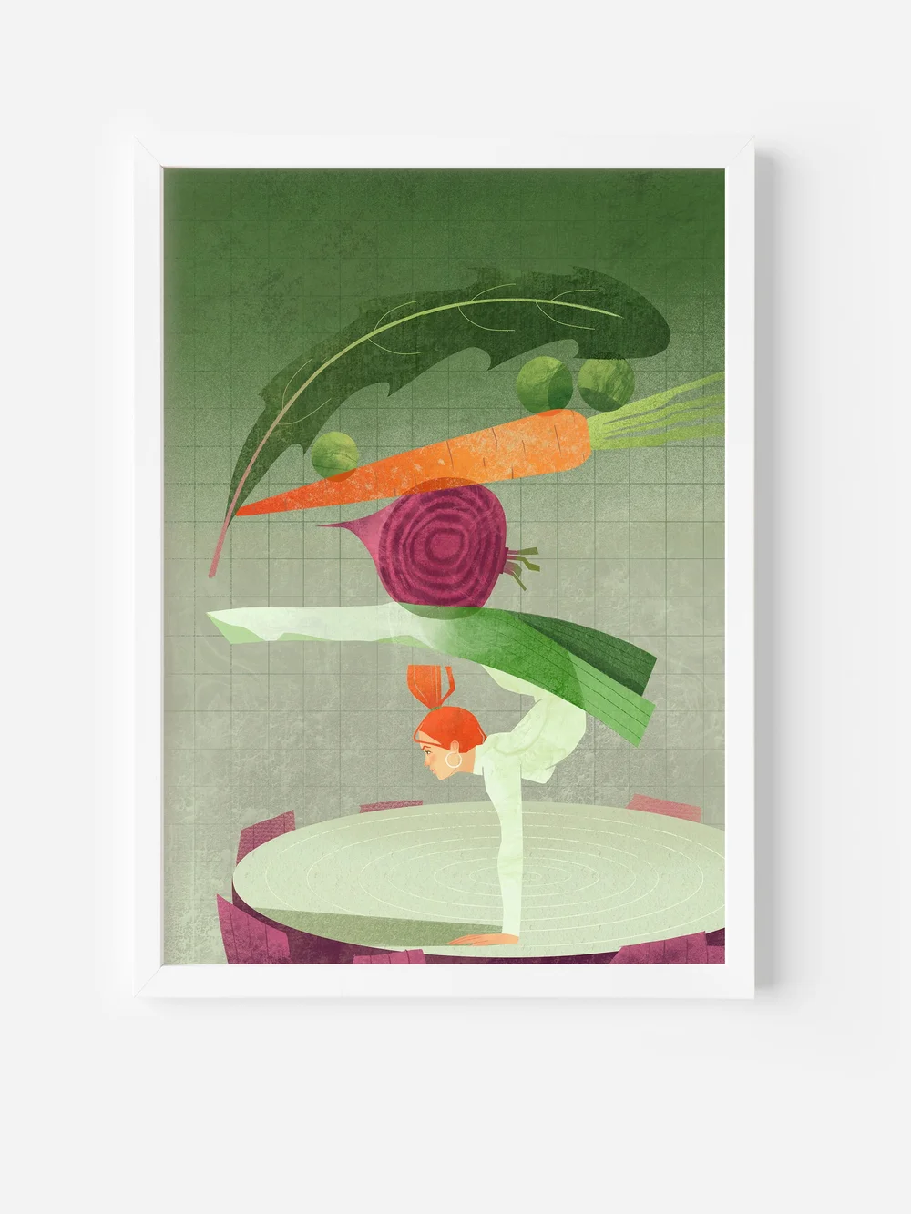 Framed healthy lifestyle wall art showing woman balancing vegetables and dessert in yoga pose – wellness and diet poster.