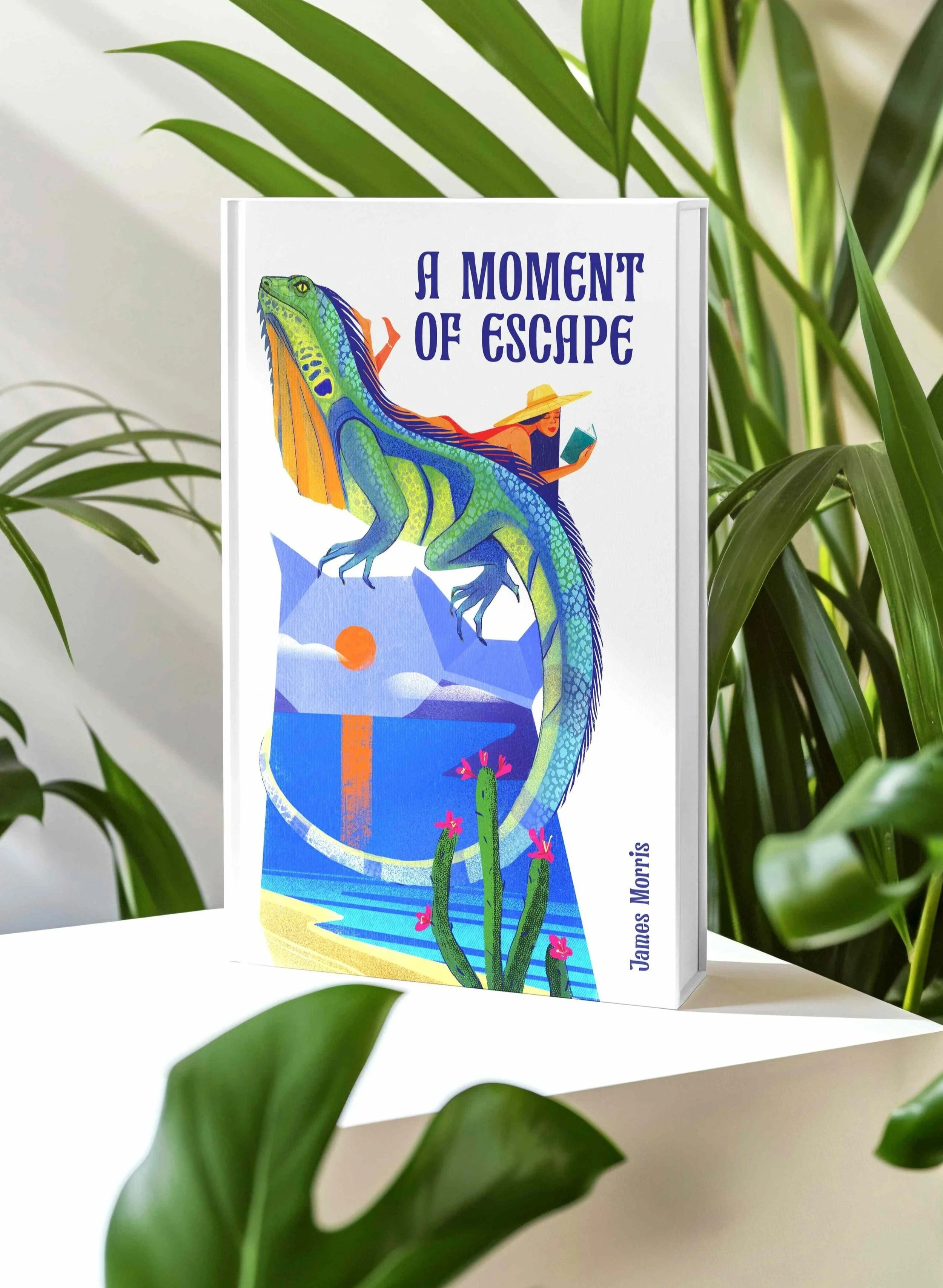 Illustrated book cover for A Moment of Escape featuring a vibrant iguana, a traveler in a hat, and a tropical landscape.