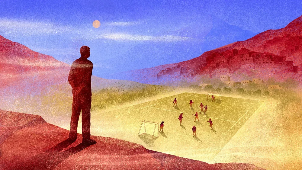 Editorial illustration depicting an adult figure watching children play soccer on a glowing field in a distant landscape, symbolizing memory, childhood dreams, and the lasting impact of youth.