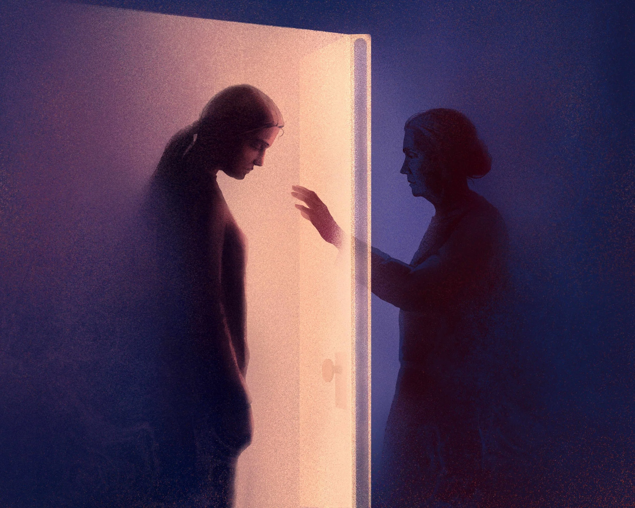 The Guardian Cover showing two female figures separated by a translucent door, symbolizing emotional distance and low-contact family relationships.