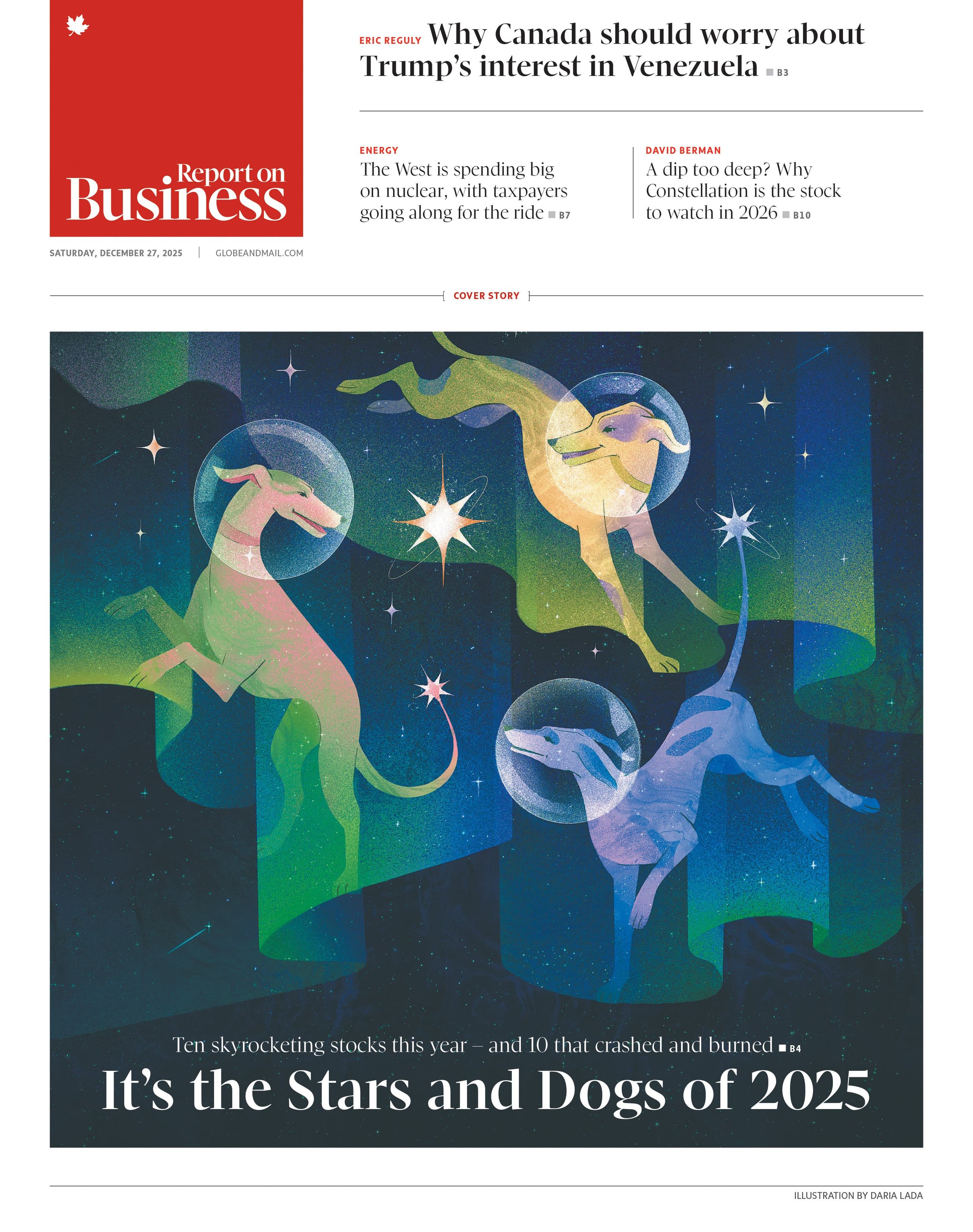 Editorial illustration: conceptual financial artwork depicting dogs floating through a starry night sky inside glass bubbles, symbolizing rising and falling stocks, market volatility, winners and losers, and investment performance in 2025.