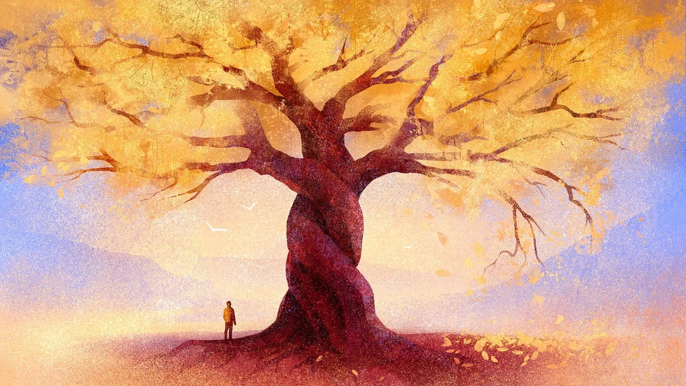 Editorial illustration depicting a solitary person standing beneath a large golden autumn tree with falling leaves, symbolizing reflection, the passage of time, and the connection between human life and nature.