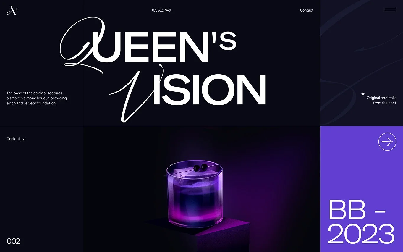 Brand illustration depicting a modern cocktail website layout with a purple signature drink in a glass on a pedestal, bold typography, and dark gradient interface, symbolizing premium mixology, contemporary design, and luxury cocktail branding.