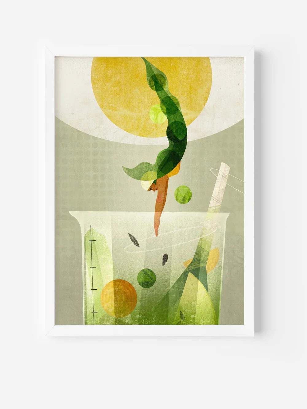 Fine art poster in a minimalist frame featuring a surreal green smoothie illustration, perfect for wellness-focused interiors or healthy lifestyle inspiration.