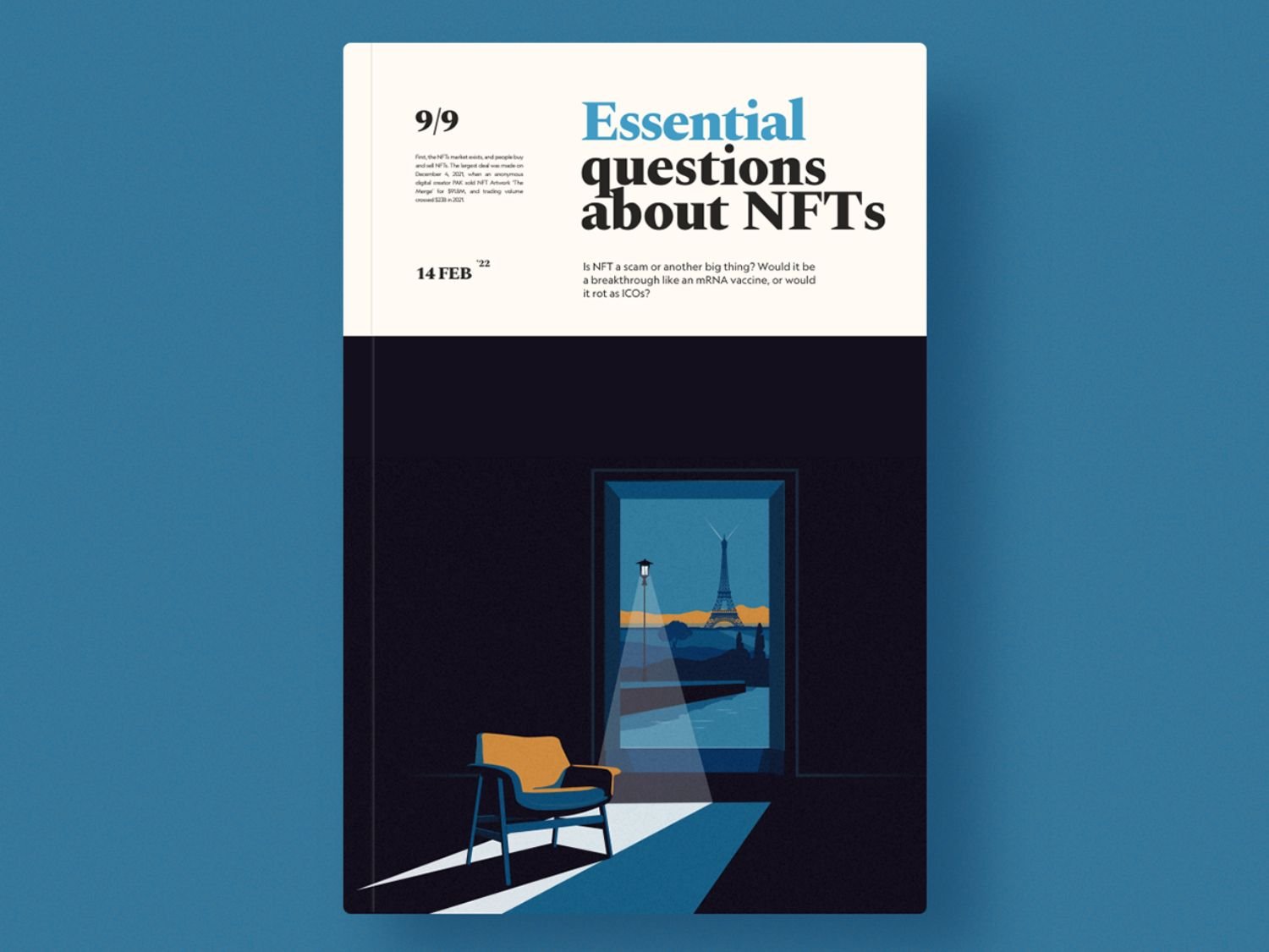 Magazine cover illustration depicting a minimal interior with an empty chair and an open doorway revealing a distant landscape, used as a magazine cover for an article about NFTs, symbolizing access, uncertainty, and the future of digital ownership.
