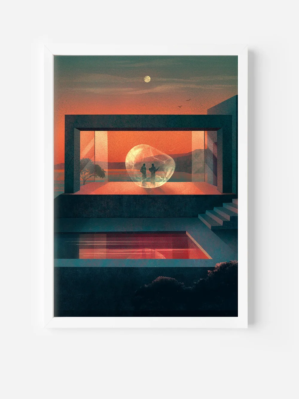 Fine art print depicting a modern lakeside villa at sunset with two figures enclosed in a glowing translucent sphere, symbolizing intimacy, connection, and shared inner worlds.