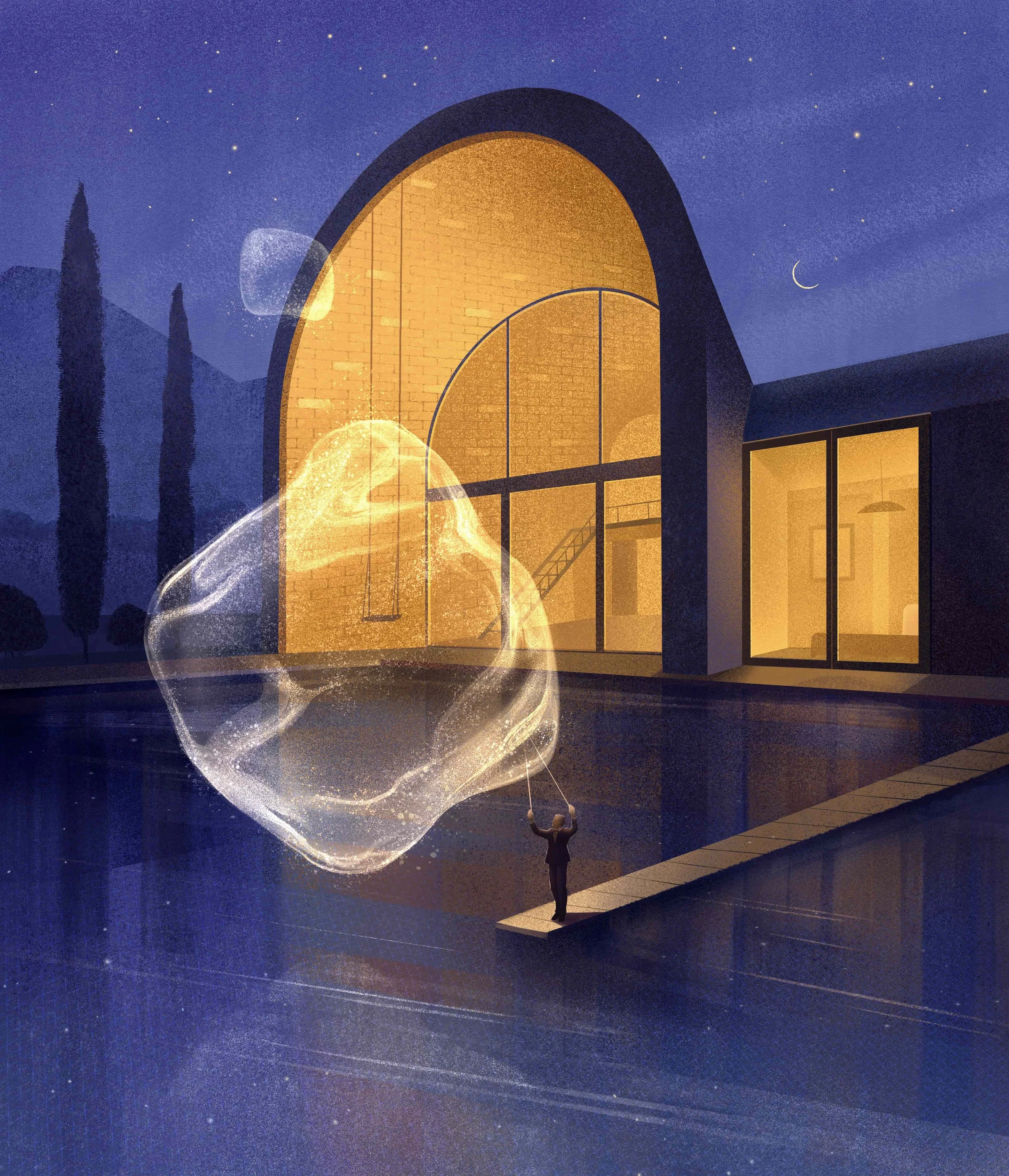 Conceptual illustration of a surreal night scene with a glowing translucent form floating above a modern house, reflected in water, as a small human figure reaches upward, symbolizing inner light, presence, and emotional connection.