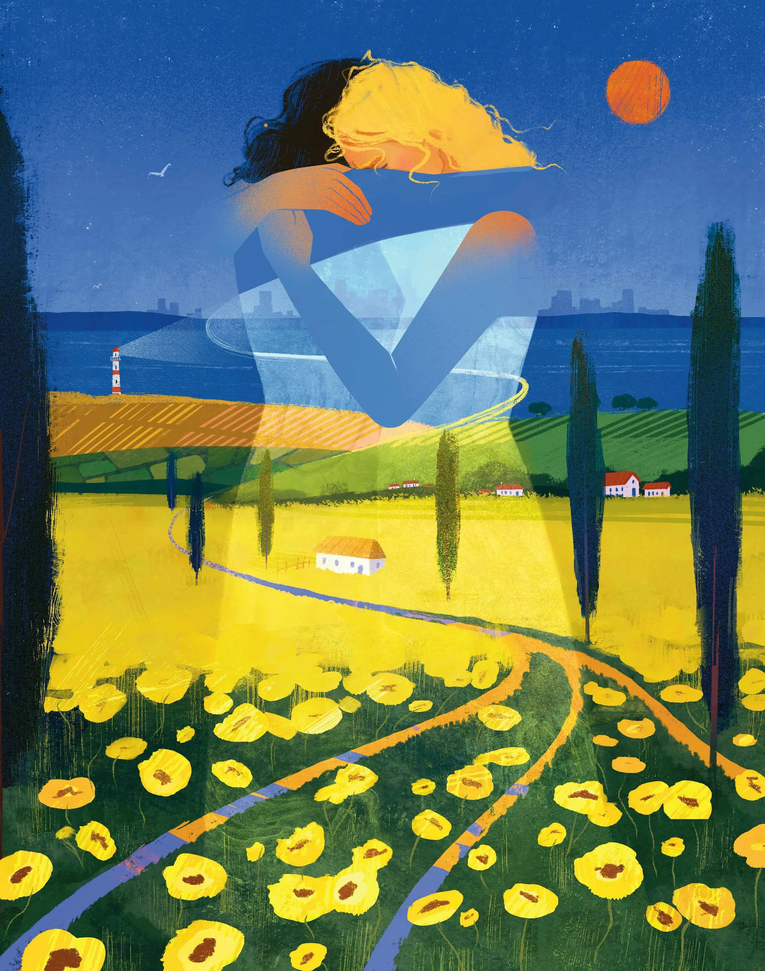 Conceptual illustration depicting a large embracing human figure overlaying a sunlit rural landscape with fields, winding paths, and small houses, symbolizing protection, emotional refuge, and connection to inner home.