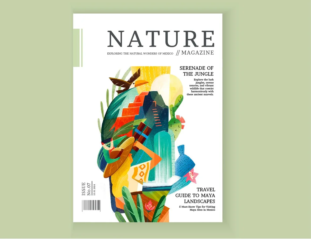 Editorial magazine cover illustration featuring a colorful abstract depiction of a Mayan jungle landscape with ancient pyramid ruins, tropical plants, wildlife, and flowing water, representing nature, travel, and cultural heritage of Mexico.