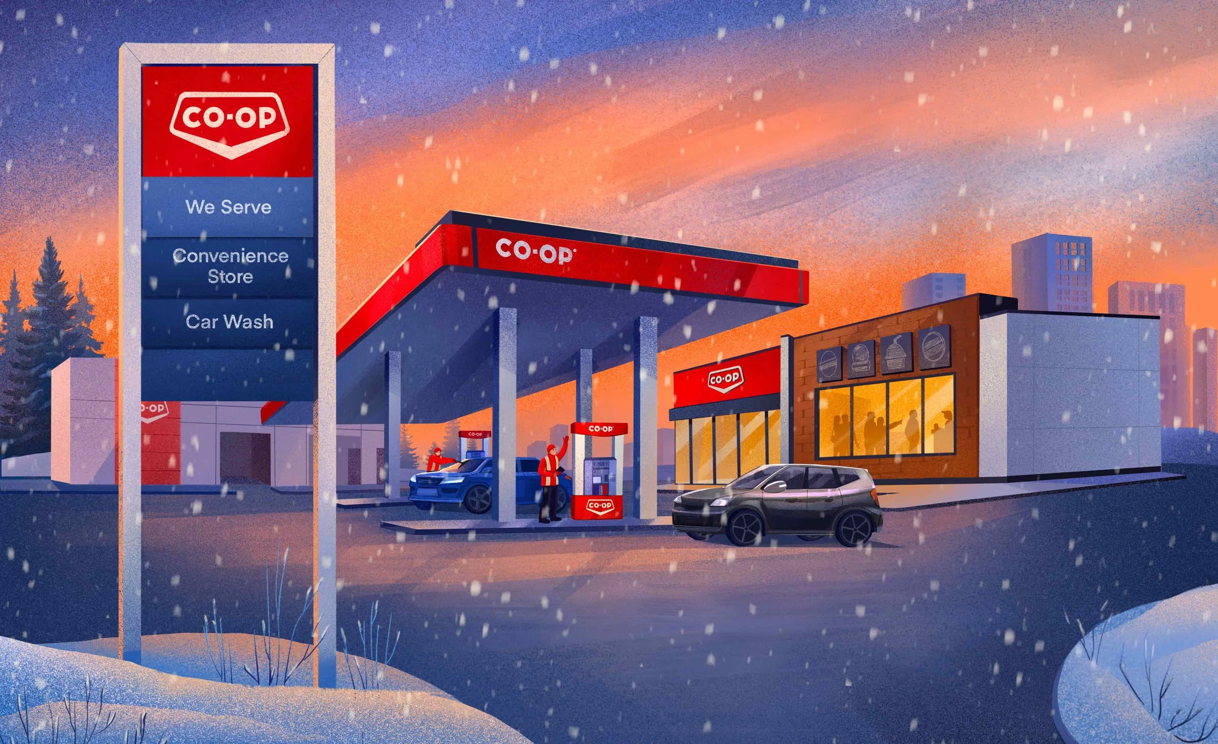Red River Co-op brand illustration showing snowy gas station scene with vehicles, attendants at pumps, and warmly lit convenience store at dusk.