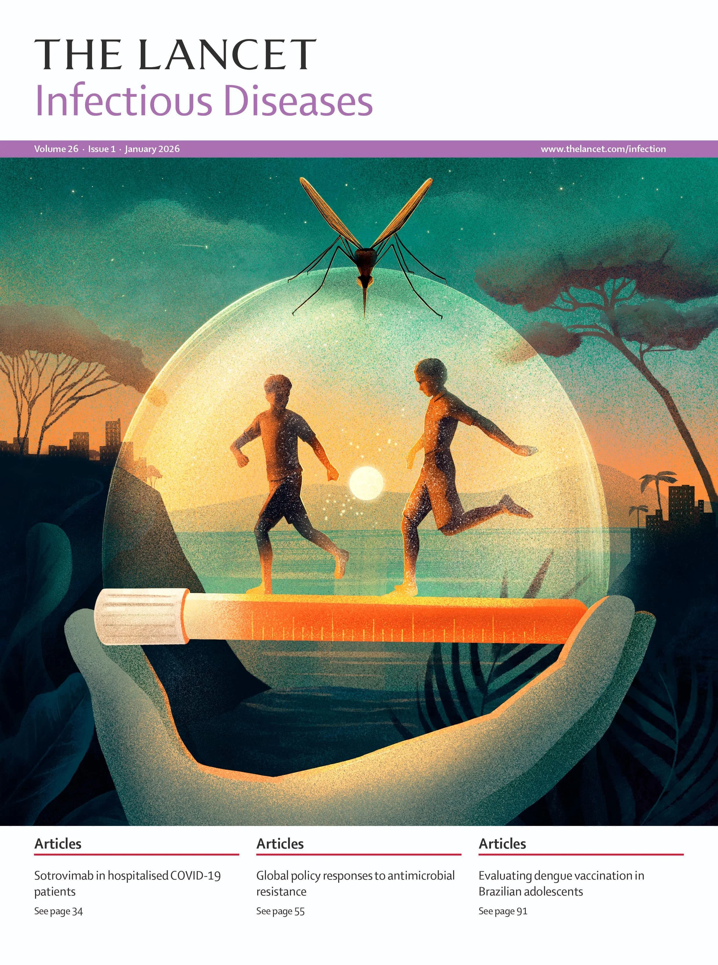 Magazine cover illustration depicting children running inside a protective dome held in hands, shielding them from a giant mosquito at sunset, symbolizing prevention of mosquito-borne infectious diseases and child health protection.