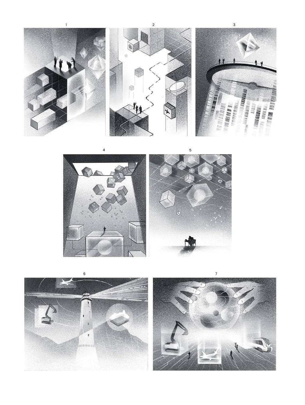 Editorial illustration series of abstract data spaces and floating cubes, exploring decision-making, complexity, and navigation through uncertain digital systems.