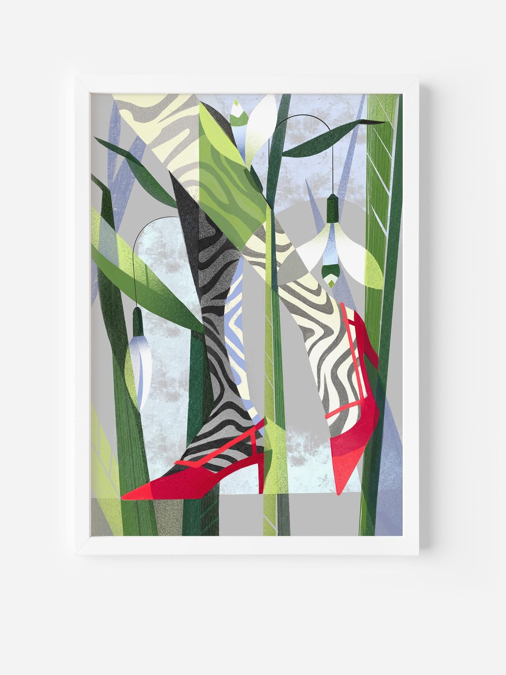 Framed fine art poster of a woman in heels walking through spring flowers — surreal wall art for fashion-inspired interior design.