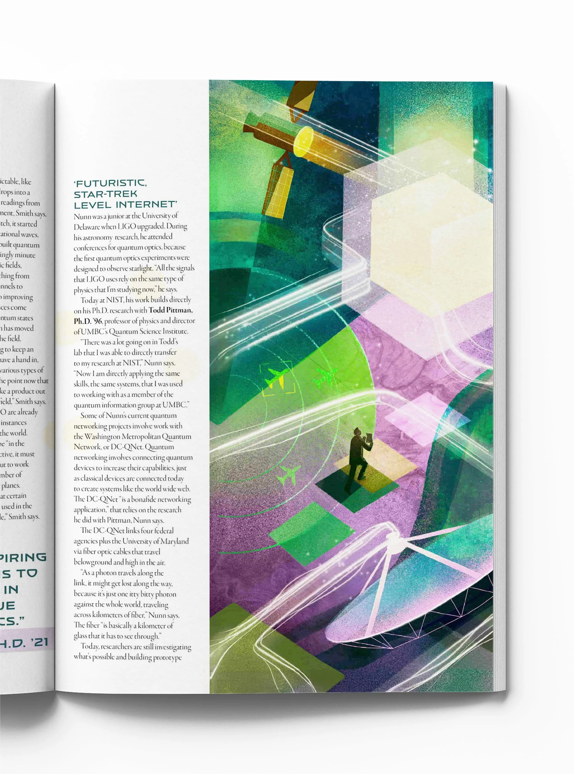 Editorial illustration showing researchers inside a quantum light tunnel, symbolizing communication, innovation, and the future of quantum technology.