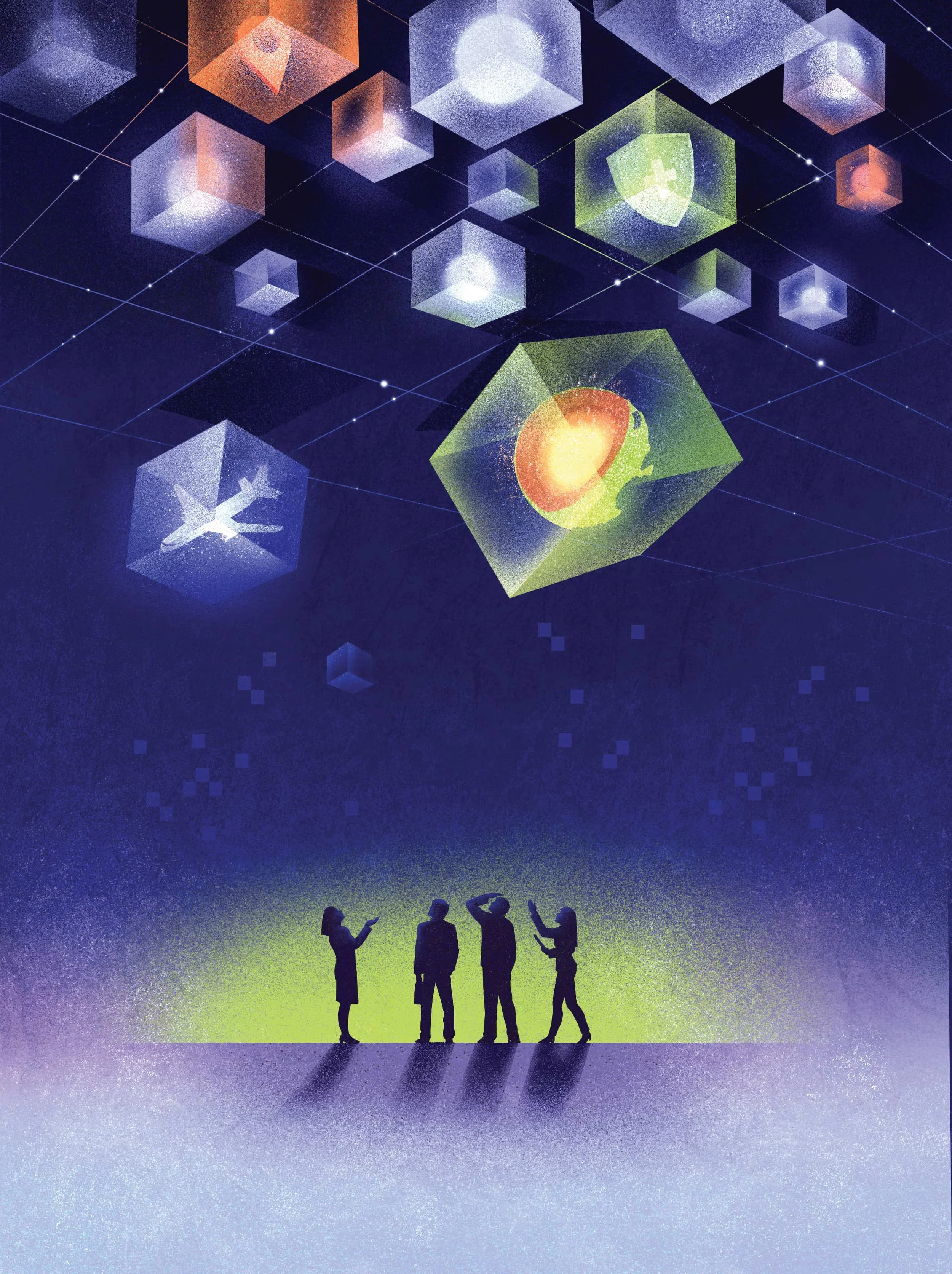 Editorial illustration for Director Journal of professionals observing floating data cubes with embedded scenarios, symbolizing decision-making, risk analysis, and complex systems.