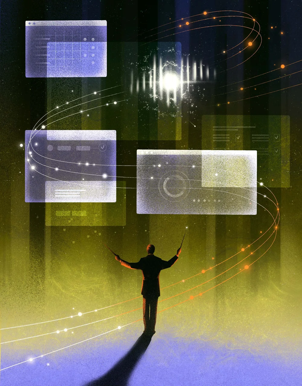 Editorial illustration for The Globe and Mail cover story of a conductor orchestrating digital interfaces and data streams, symbolizing AI systems and information flow.