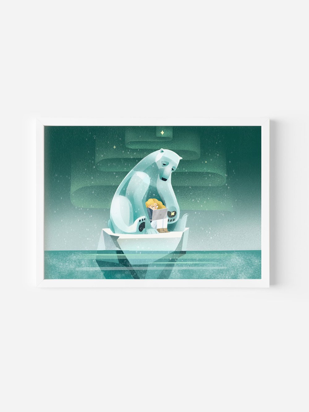Framed art print of a girl and polar bear sitting on an iceberg, working remotely under a starry winter sky.