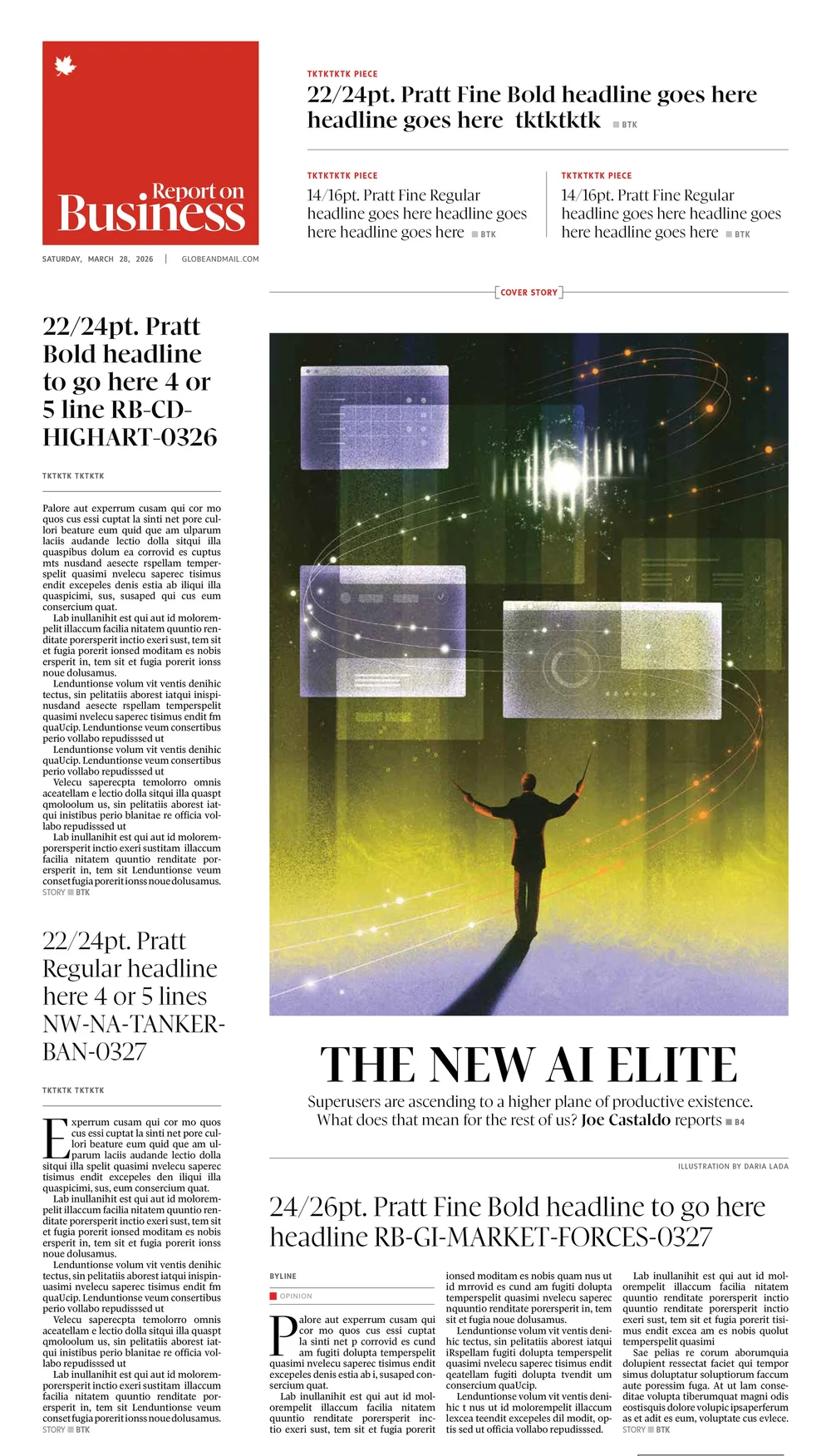 Editorial illustration of a conductor controlling AI data interfaces and automated digital systems.