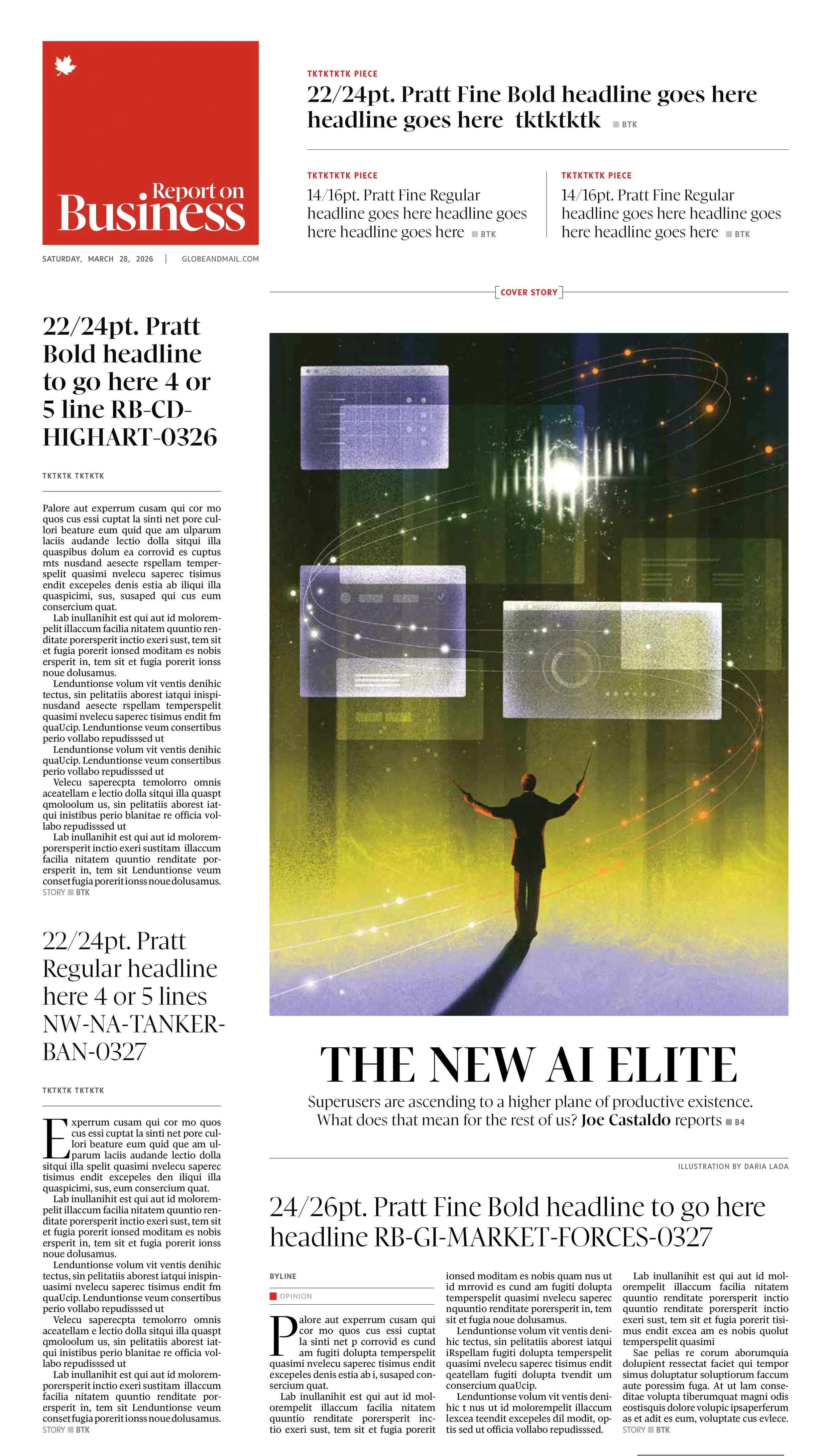 Editorial illustration of a conductor controlling AI data interfaces and automated digital systems.