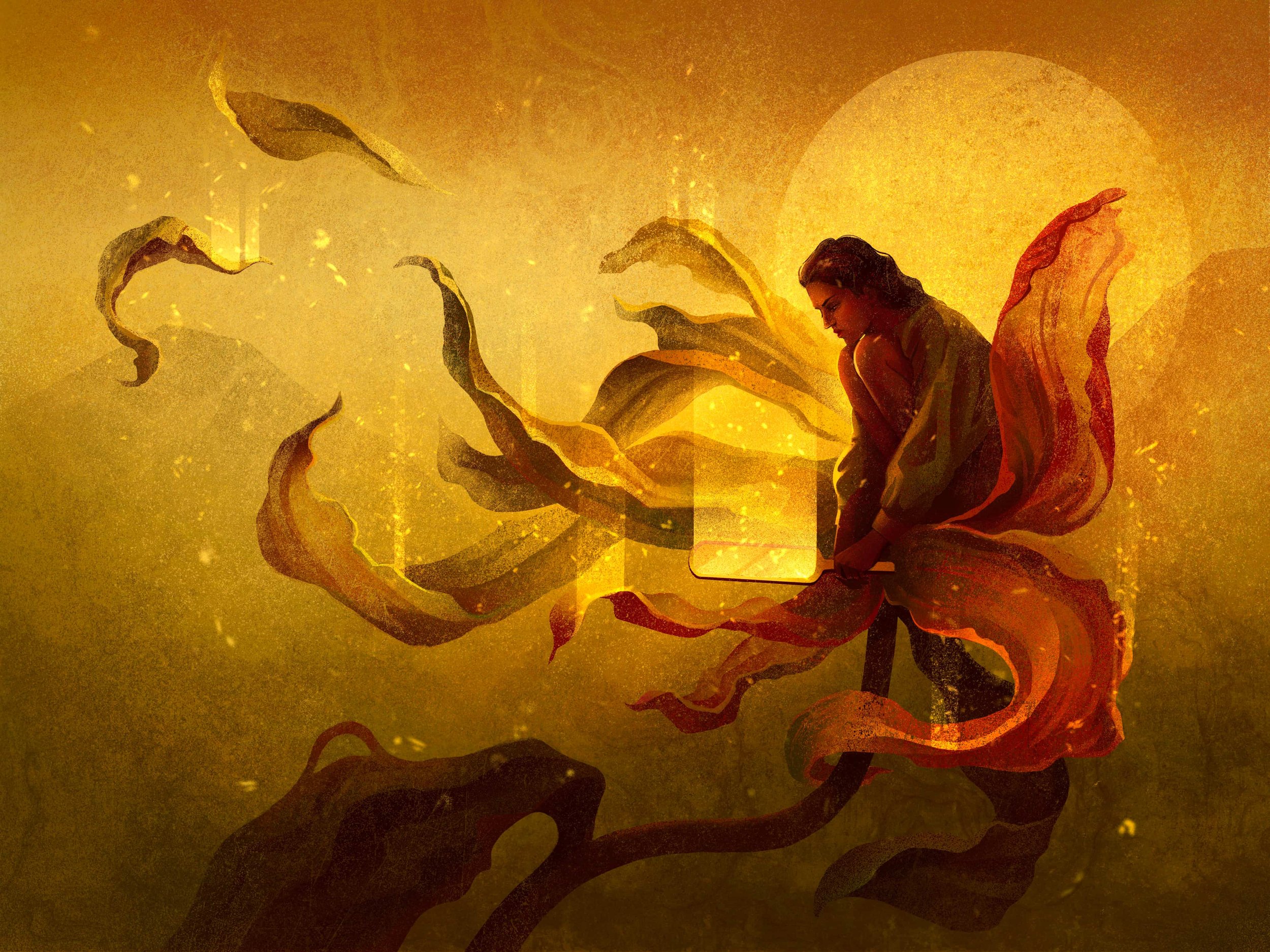 Editorial illustration for Al Majalla depicting a woman wrapped in flowing ribbons while gazing into a glowing mirror, symbolizing biological aging, self-perception, time, and the emotional experience of growing older.