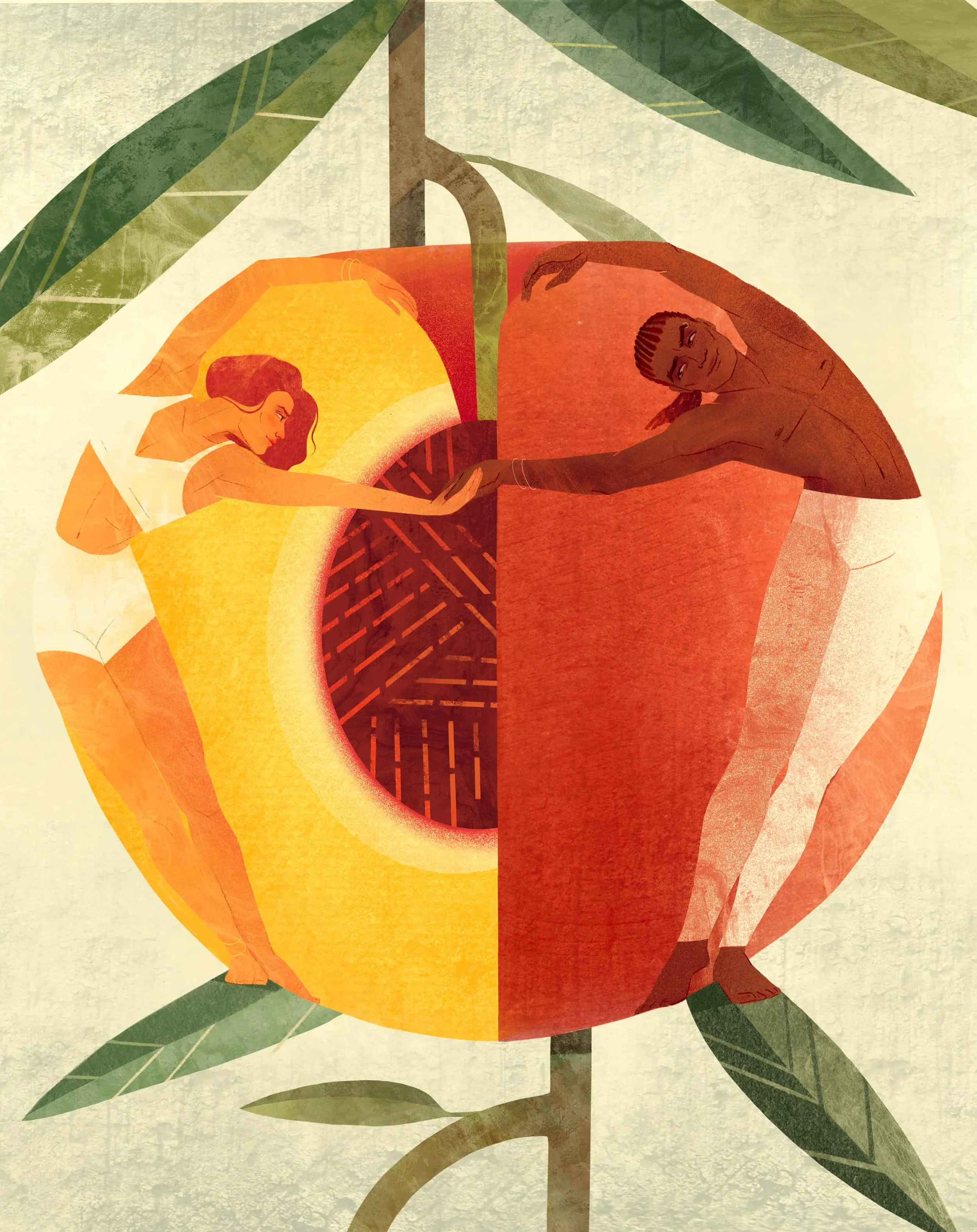 Conceptual illustration of a couple embracing inside a peach, symbolizing love, unity, and natural connection.